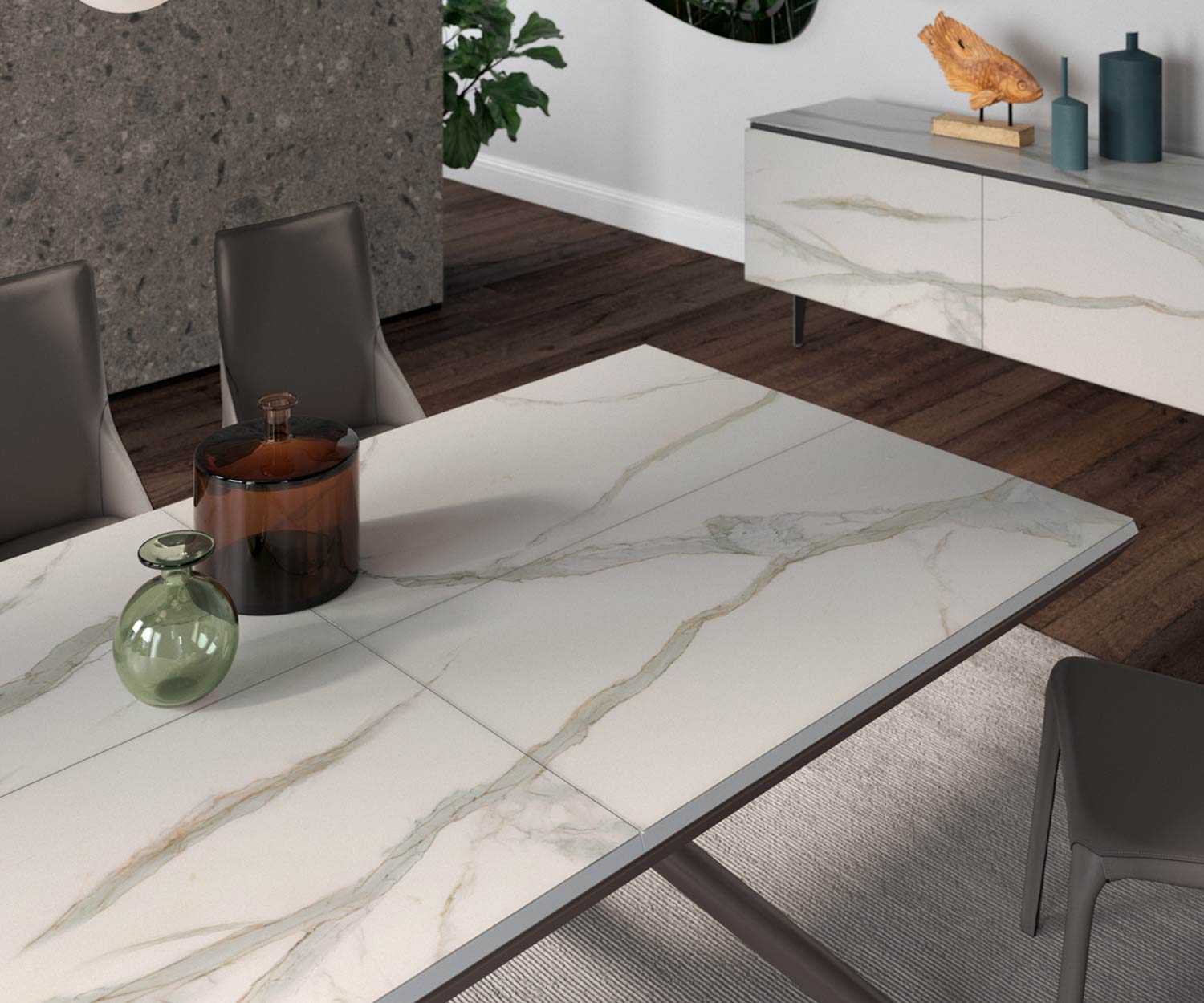 Dettaglio tavolo da pranzo di design Piano rettangolare in marmo Calacatta oro