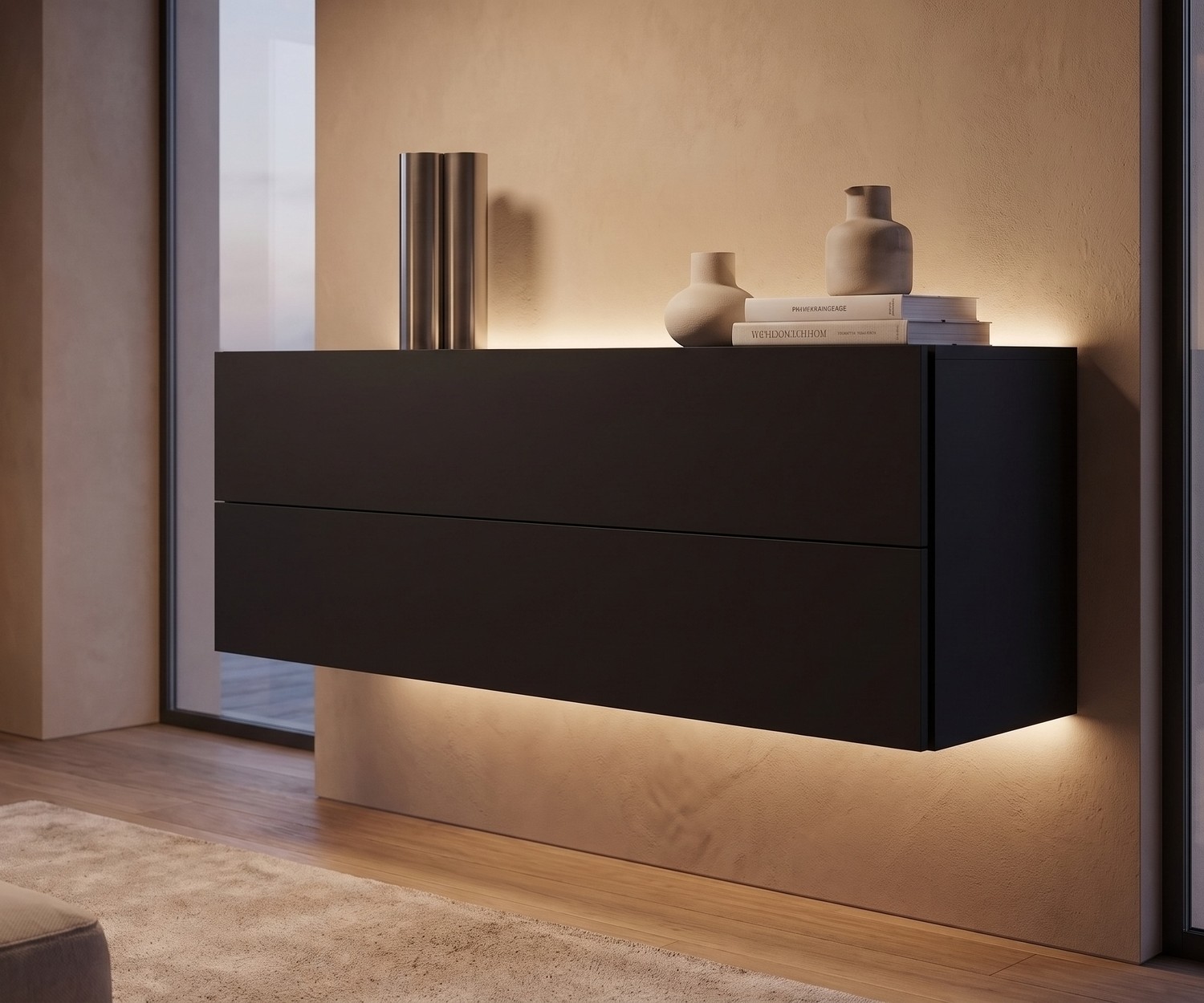 Cassettiera sospesa nera Novamobili Easy con LED Cassettiera sospesa Easy di Novamobili nera, moderna credenza sospesa con illuminazione LED in un soggiorno minimalista.