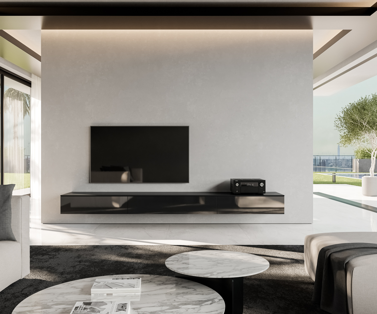 Mobiletto porta TV sospeso in nero opaco con ante a battente