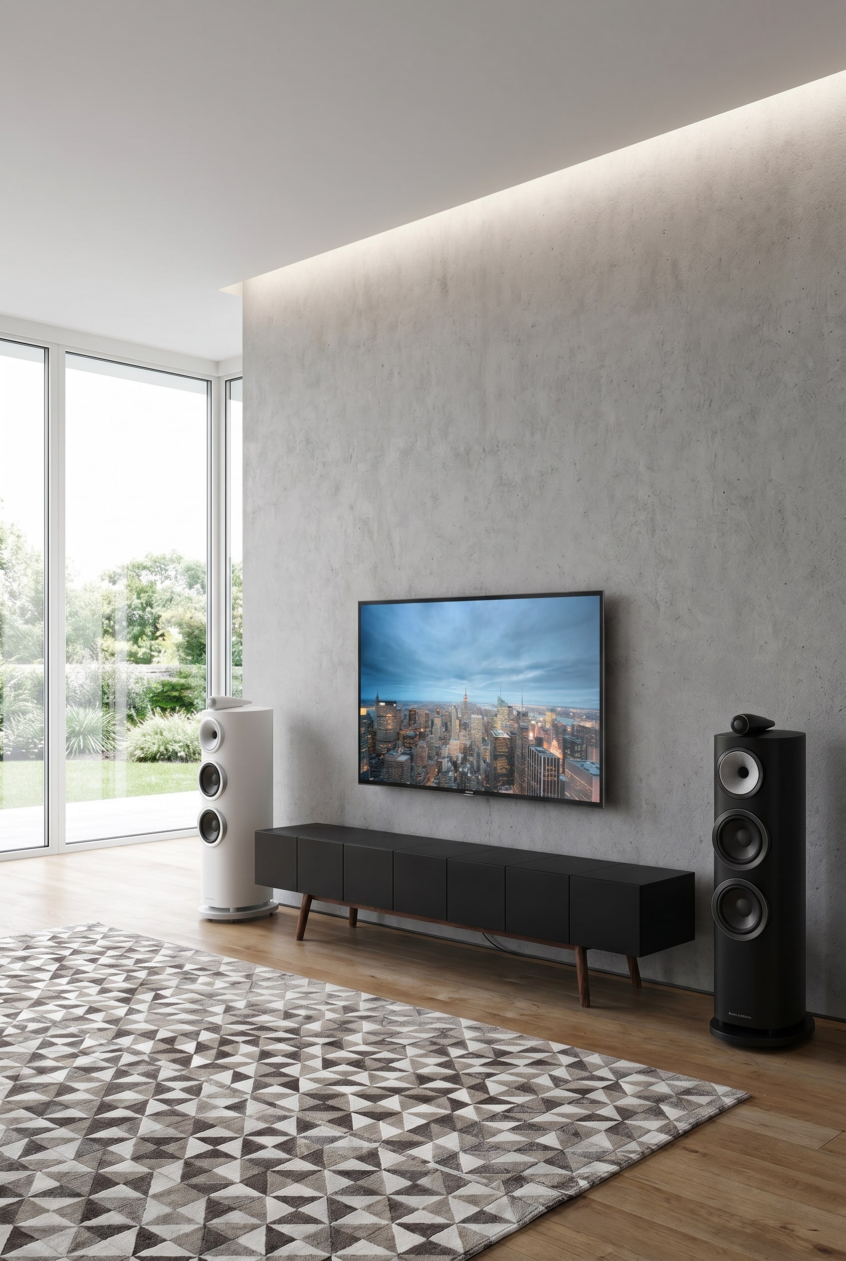 Minimalistisches Wohnzimmer mit mattschwarzem Lowboard auf Holzf&uuml;&szlig;en und einem freistehenden Lautsprecher mit Wandabstand