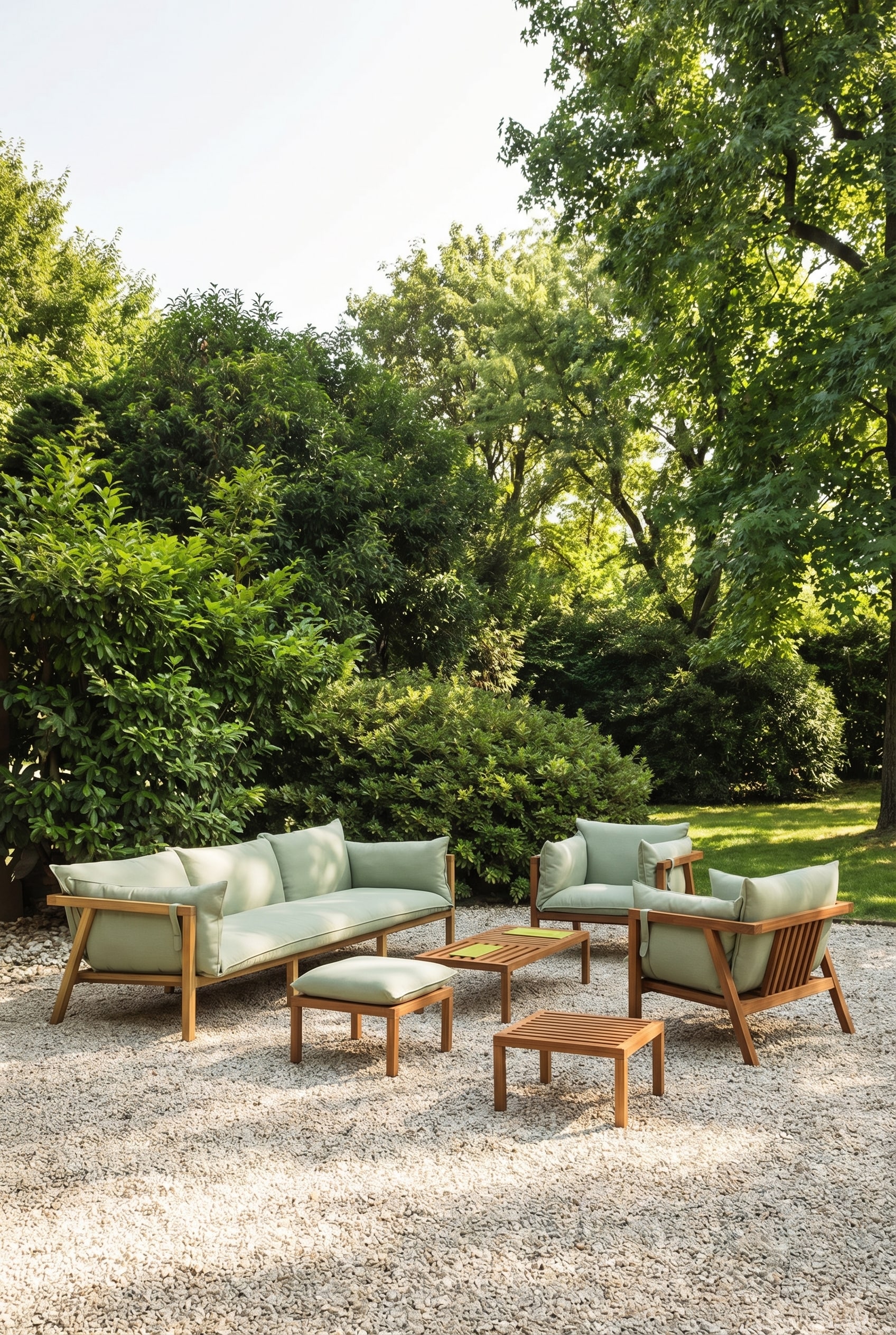 Moderno lounge outdoor in legno con cuscini spessi e ad asciugatura rapida su una terrazza soleggiata