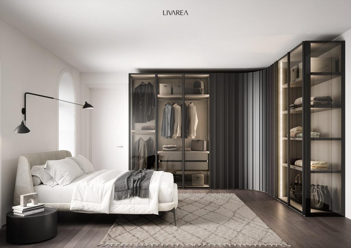 Idee di spogliatoio di lusso come armadio ad angolo con ante in vetro e illuminazione Idee di spogliatoio di lusso come armadio ad angolo con ante in vetro e illuminazione