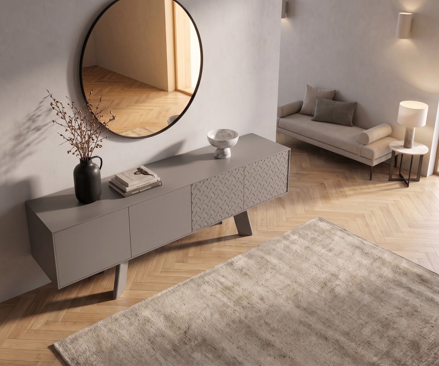 Credenza di design grigia al2 Alhambra 003 Credenza di design Alhambra 003 per il soggiorno, mobile contenitore grigio moderno con ante decorate, specchio e parquet.