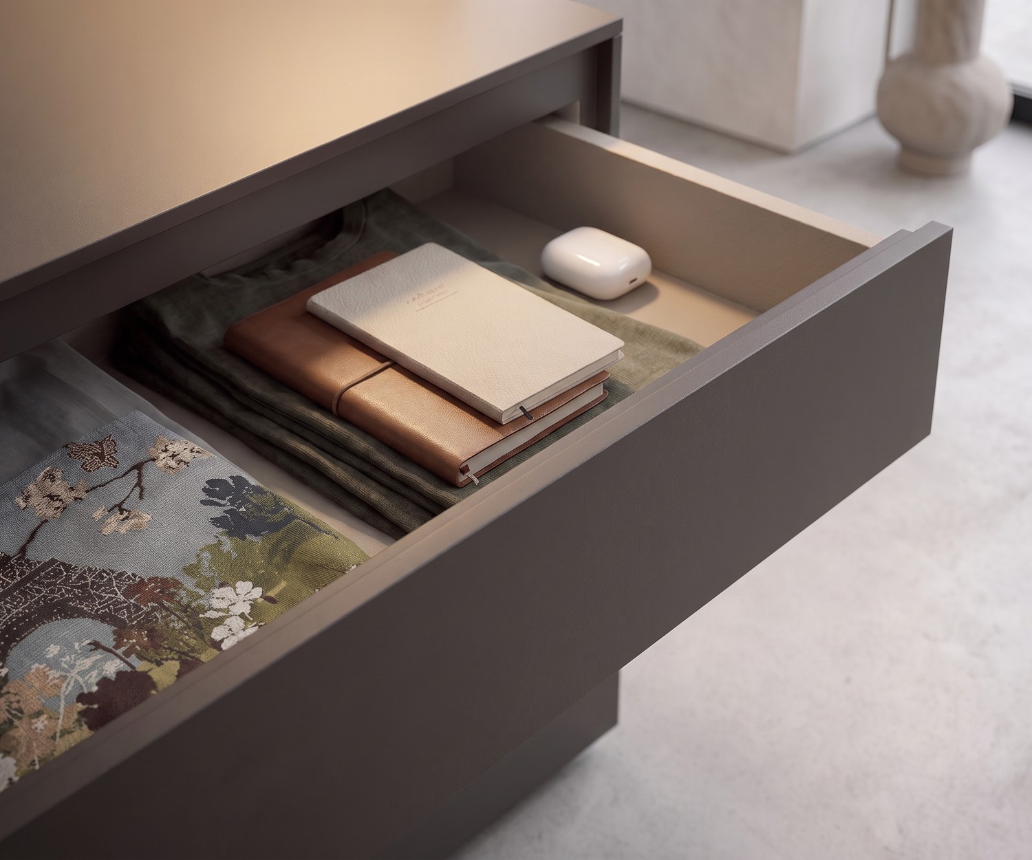 Cassettiera Novamobili Easy con cassetto aperto per vestiti e accessori, stile moderno e minimalista color taupe.