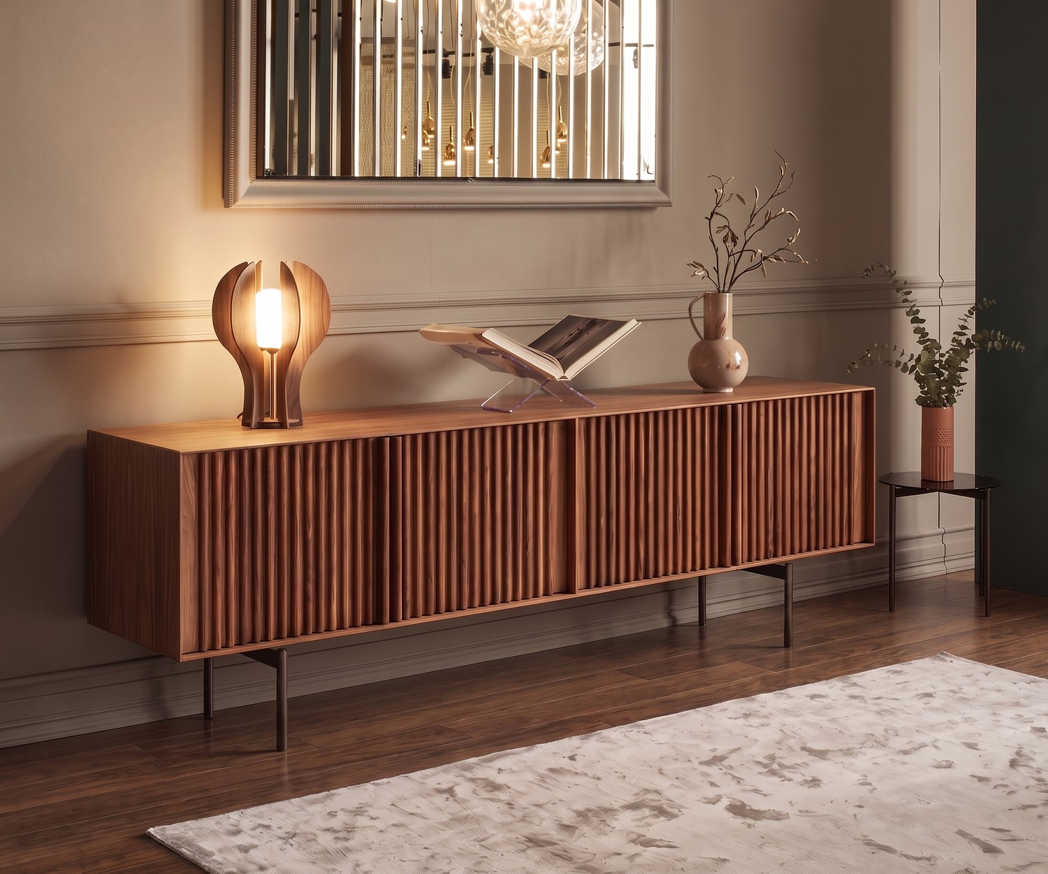 Credenza di design al2 ka-bera 003 A in noce con ante a listelli per soggiorno elegante, stile moderno e luce calda