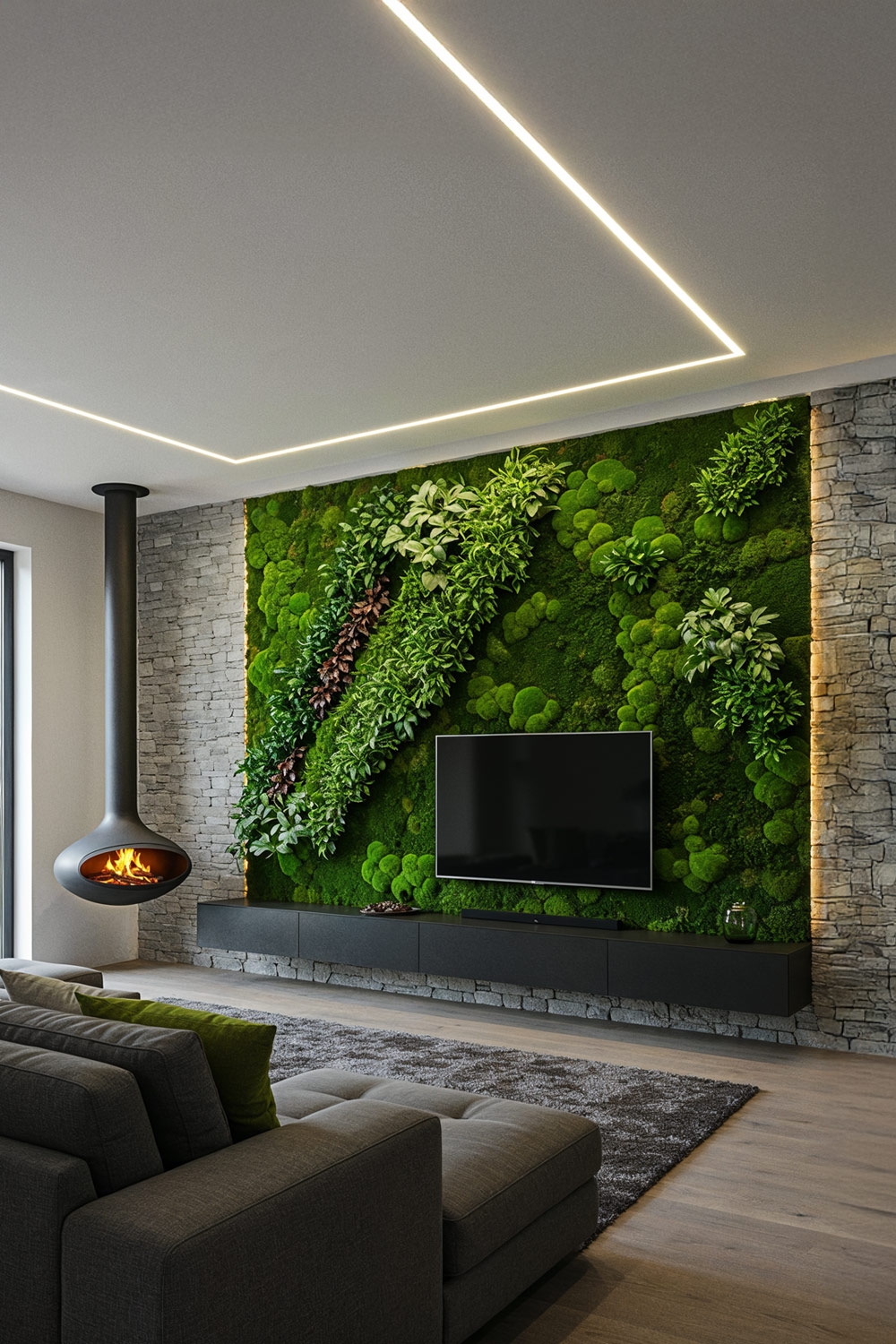 soggiorno-di-tendenza-con-elementi-d-arredo-grigi-e-parete-vegetale-verde-per-la-tv