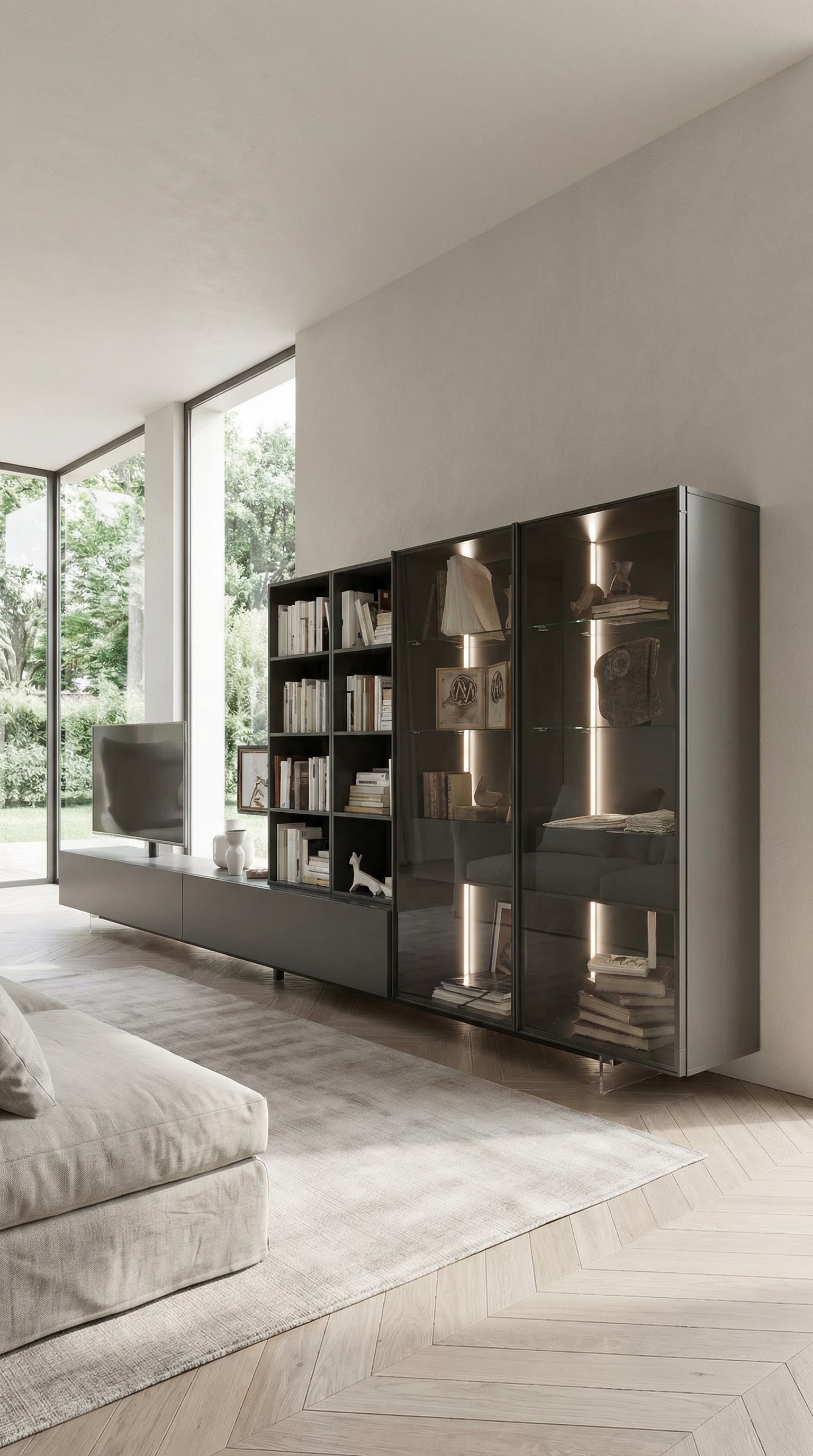 Livitalia Parete attrezzata C43 con generoso elemento vetrina in vetro fum&eacute; e illuminazione interna integrata
