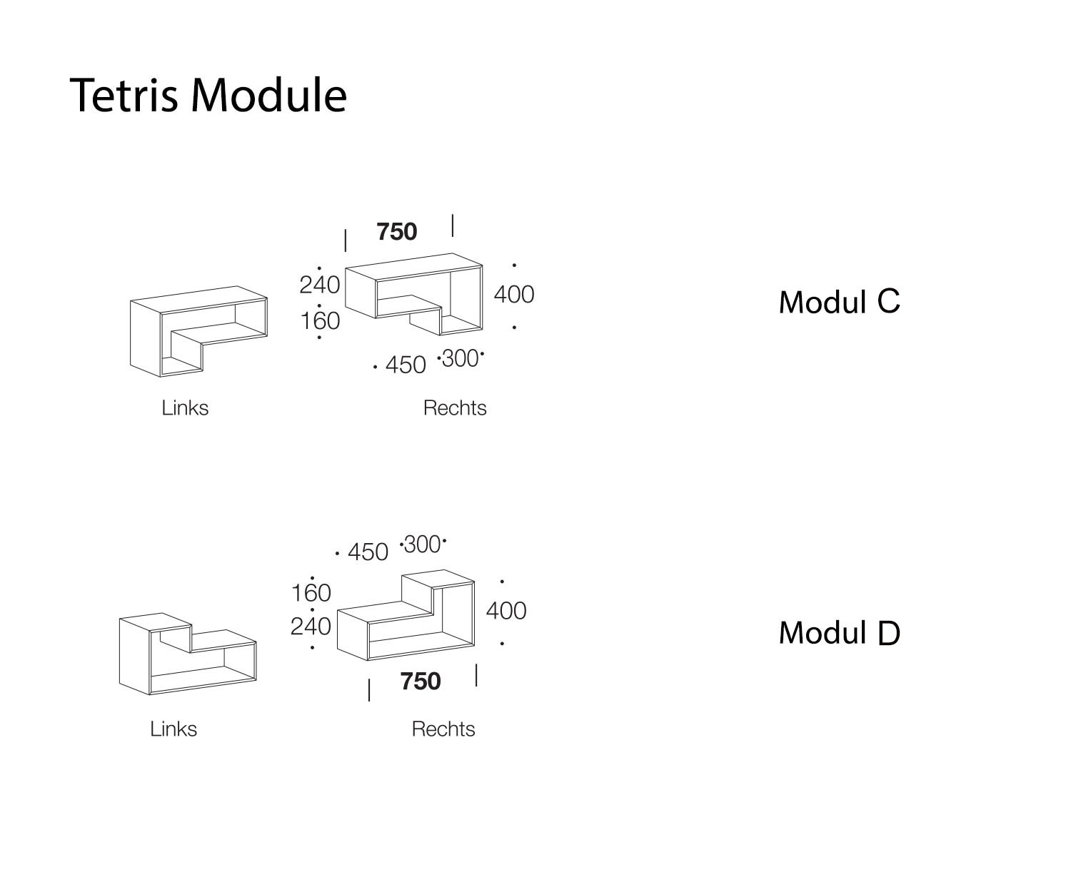 Dimensioni dello schizzo delle mensole da parete C e D di Tetris Design