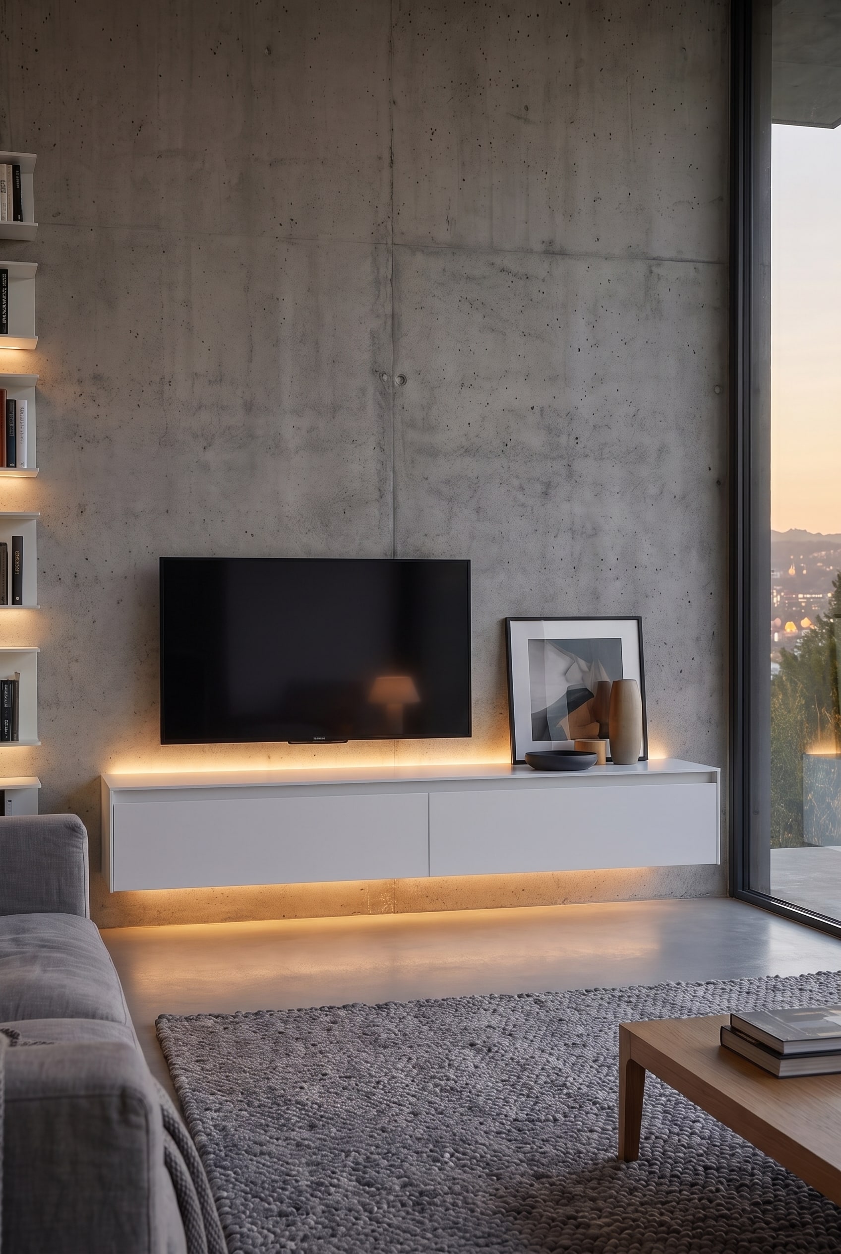 Frontales Detailbild des wei&szlig;en TV-Boards mit kabellos montiertem Fernseher und lehnendem Bilderrahmen.