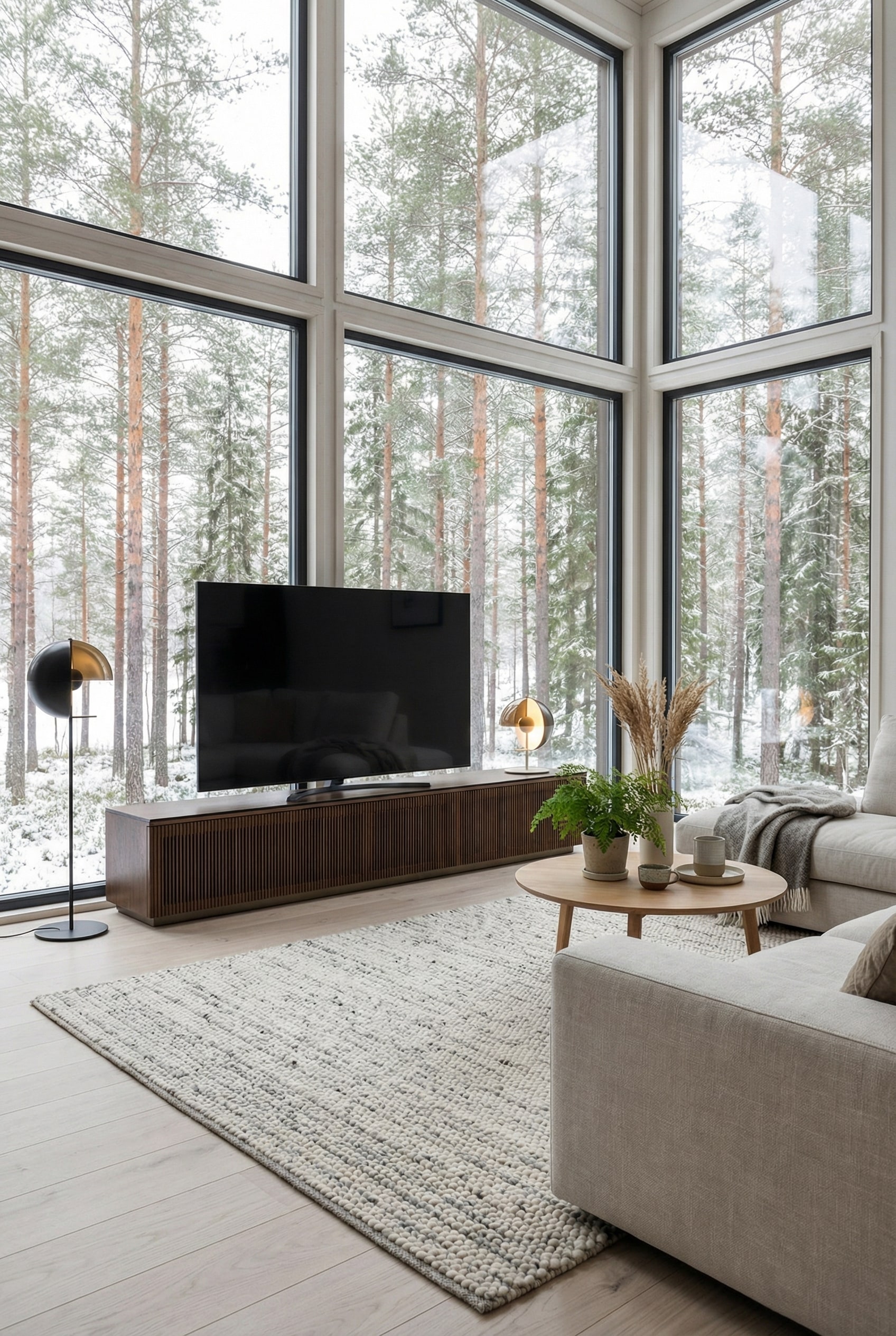 Lowboard TV scandinavo in legno chiaro con ante scorrevoli a lamelle
