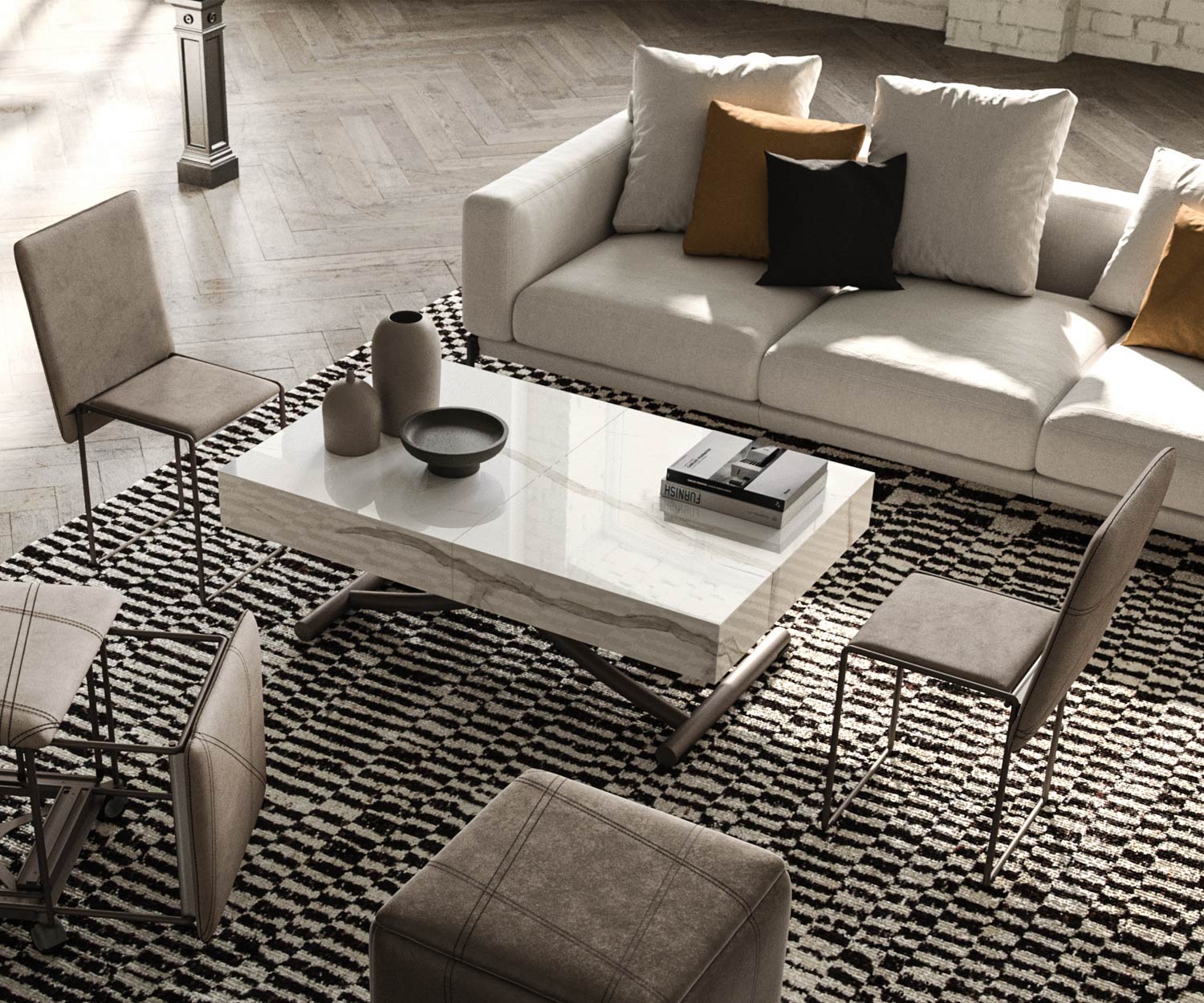 Tavolino di design Box con ceramica effetto marmo bianco Tavolino design Box con ceramica effetto marmo bianco