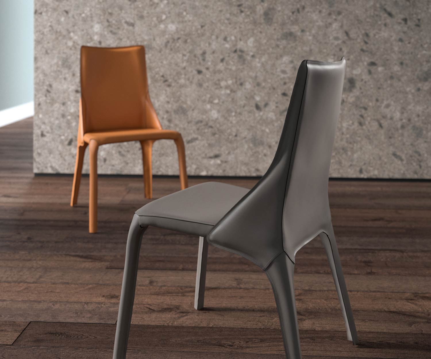 Sedia di design in pelle due sedie in pelle in dettaglio nei colori cognac e grigio scuro