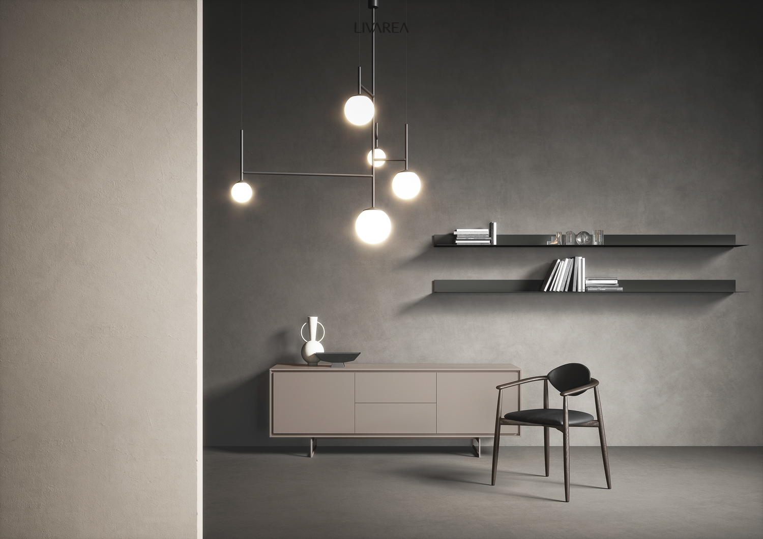 Credenza per soggiorno in laccato opaco beige su guide Credenza per soggiorno in laccato opaco beige su guide