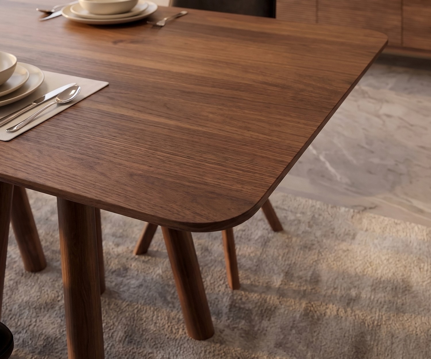 Tavolo da pranzo di design mos-i-ko 001 a in noce Tavolo da pranzo al2 mos-i-ko 001 a in legno di noce, tavolo di design con angoli arrotondati in sala da pranzo