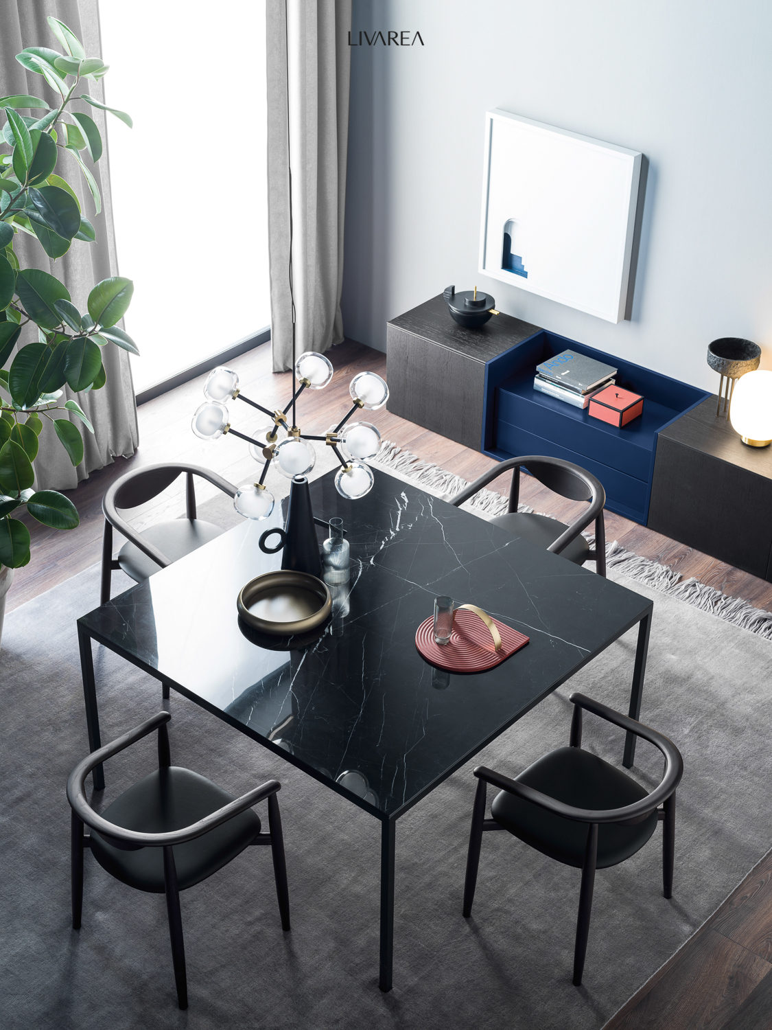 Sala da pranzo moderna di design con tavolo da pranzo in marmo, quattro sedie da pranzo e un'insolita credenza