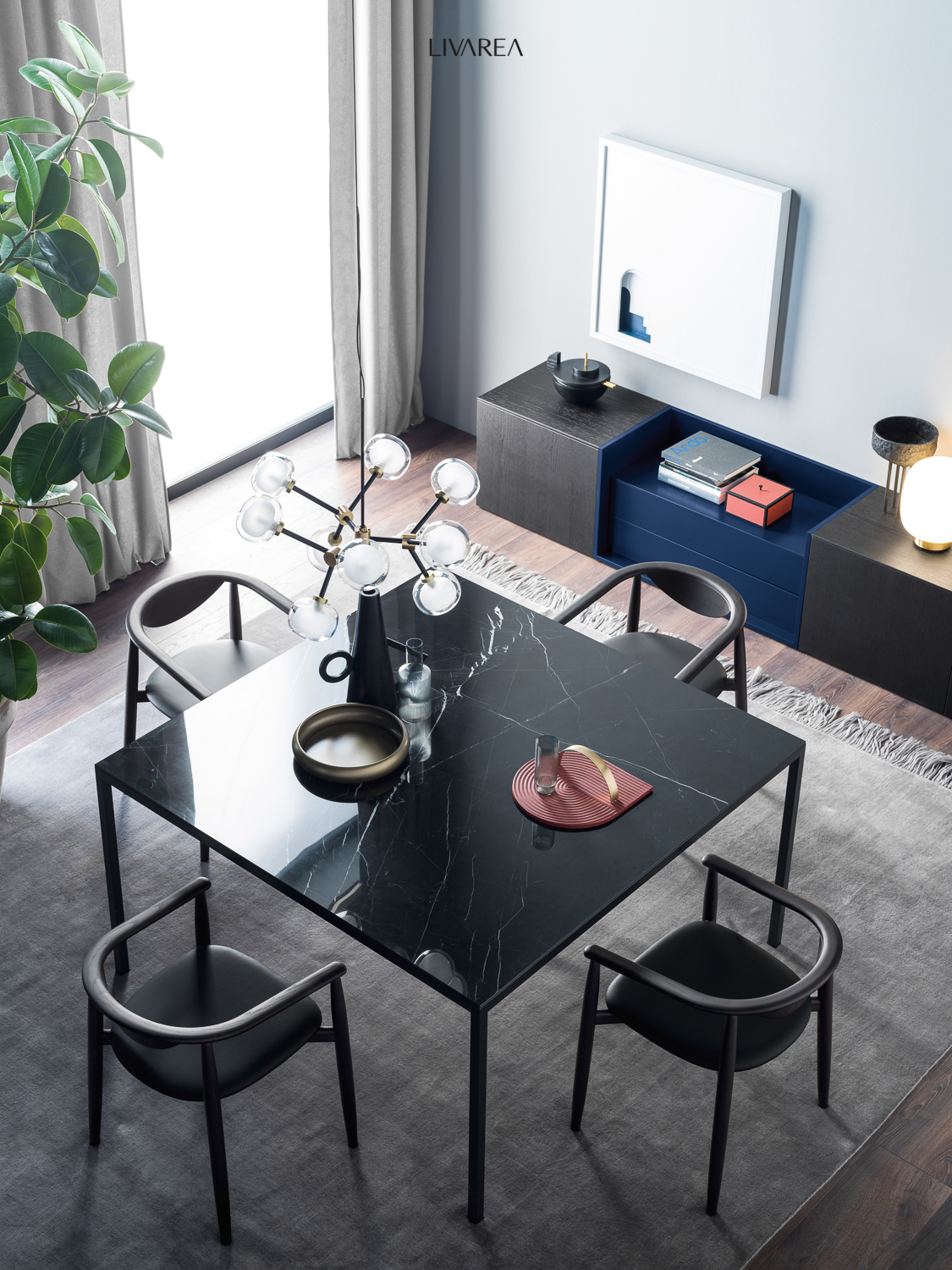 Sala da pranzo moderna di design con tavolo da pranzo in marmo, quattro sedie da pranzo e un'insolita credenza Sala da pranzo moderna di design con tavolo da pranzo in marmo, quattro sedie da pranzo e un'insolita credenza
