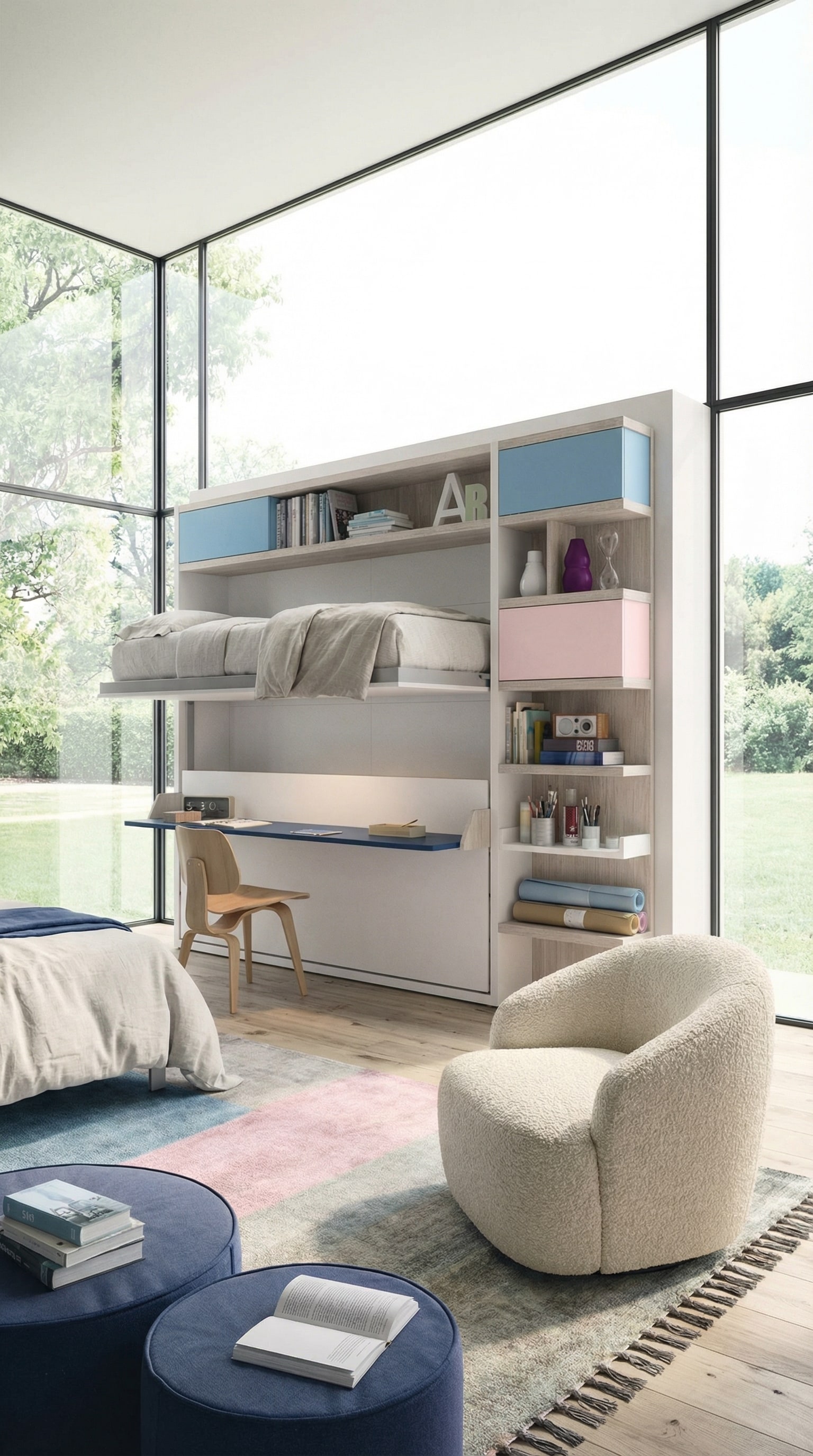 Camera per gli ospiti di alta qualit&agrave; per famiglie con un elegante letto a scomparsa a castello Clei Kali Duo in posizione chiusa.