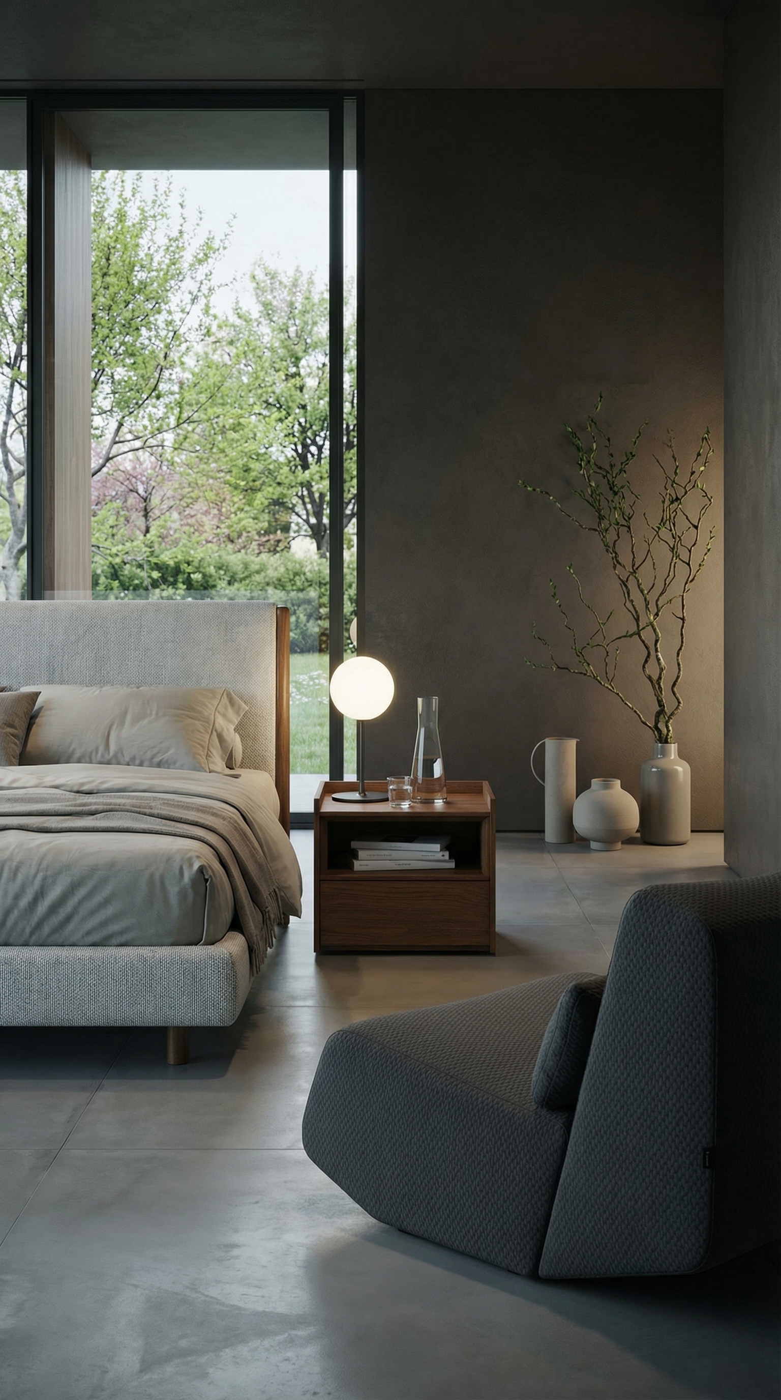Comodino Novamobili Sly in legno scuro davanti a parete opaca in una camera da letto Quiet Luxury