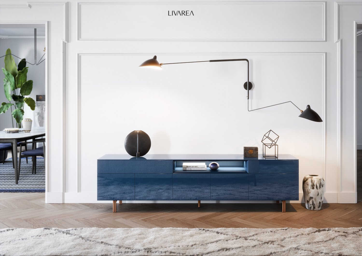 Credenza laccata blu con cassetti e ante in piedi su gambe