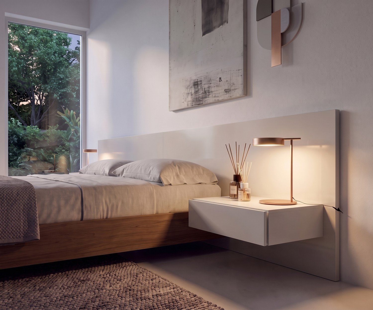 Comodino sospeso Easy 1 Novamobili Comodino sospeso Easy 1 di Novamobili in una camera da letto moderna con letto in legno e lampada in rame.