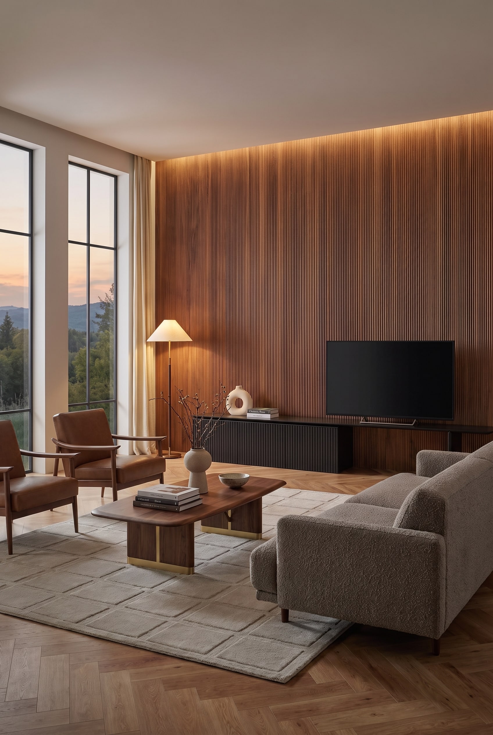 Wohnzimmer mit schwarzem Lowboard im Mid-Century Stil