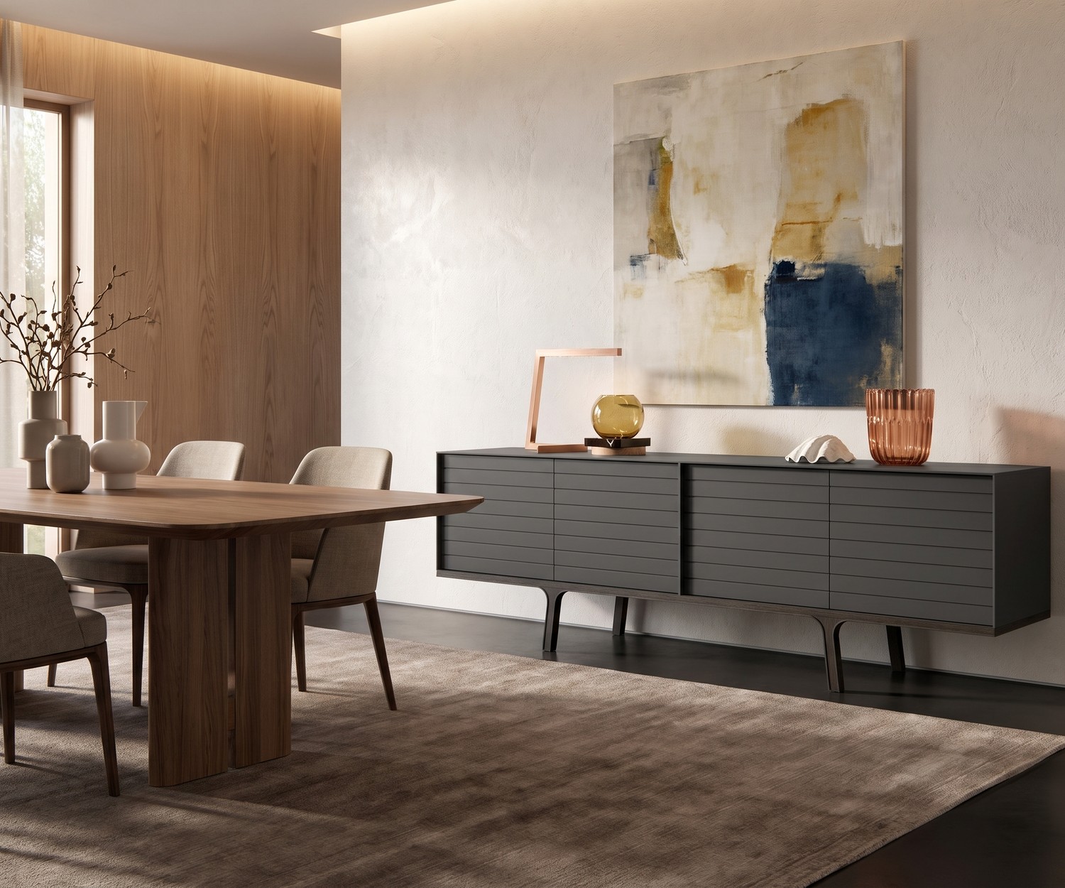 Credenza per soggiorno al2 Mobius 002 in grigio scuro opaco con piedi in legno, stile minimalista con quadro astratto.