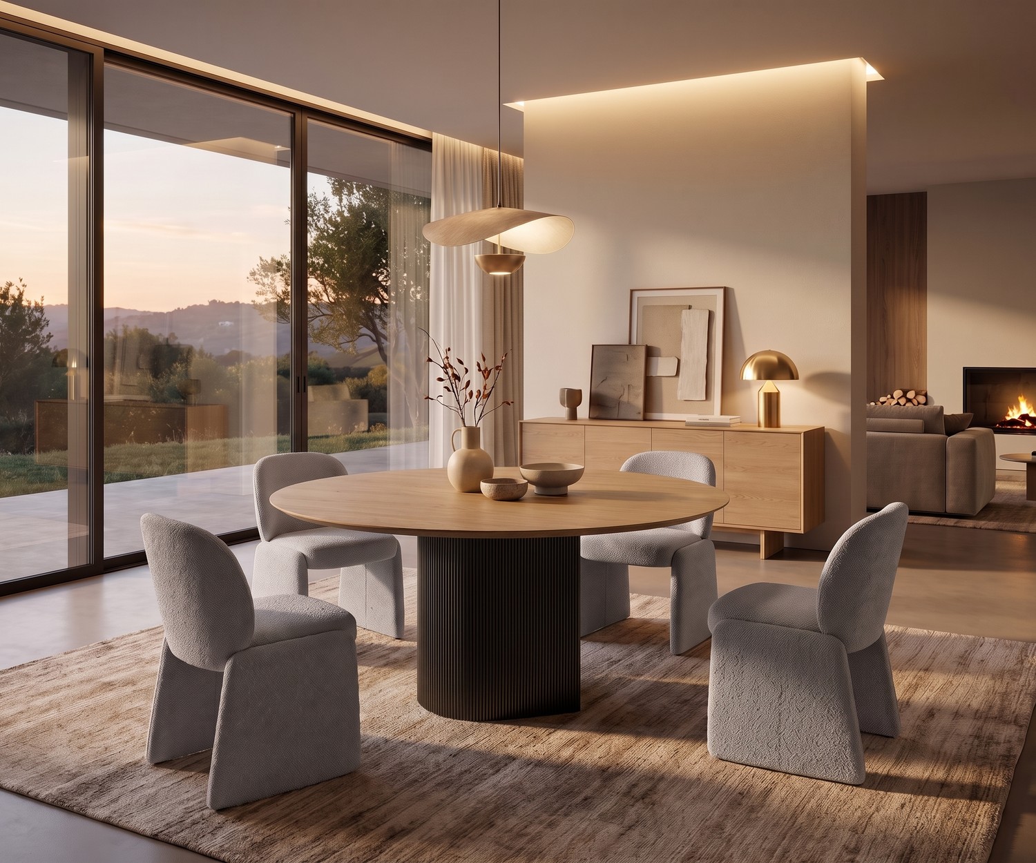 Tavolo da pranzo rotondo al2 dakry br 001 in una sala da pranzo moderna con piano in legno e basamento scanalato.