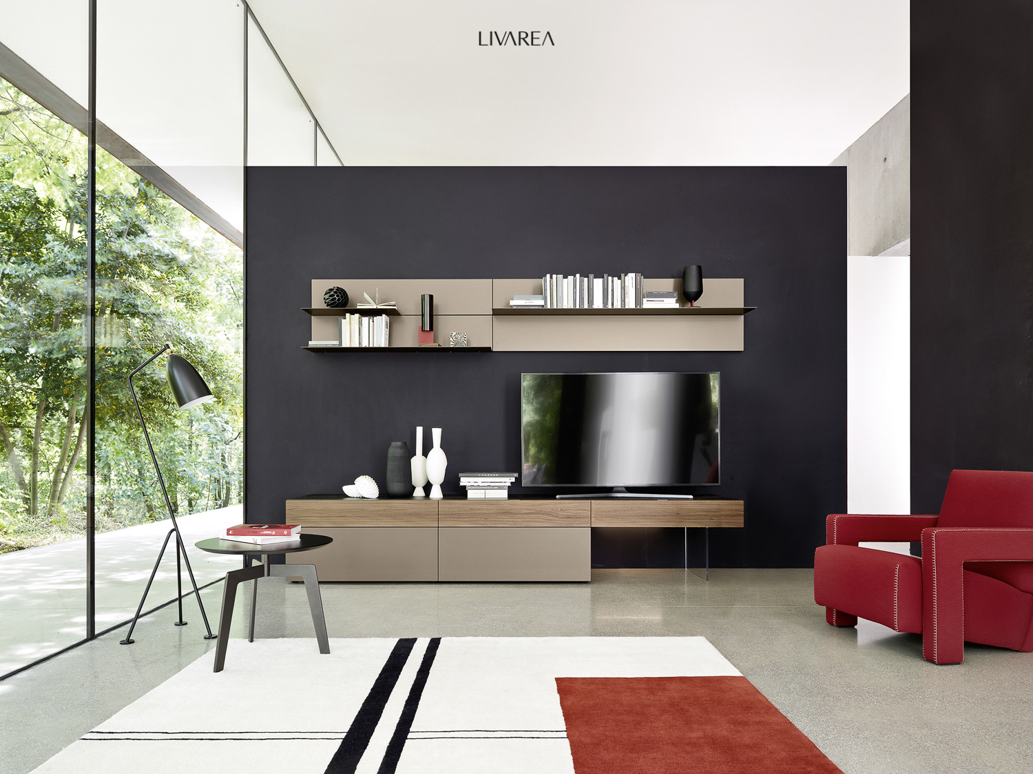 Elegante zona soggiorno con pensile compatto galleggiante+A2:A2398 effetto base trasparente mensola a muro per libri e decorazioni Elegante zona soggiorno con pensile compatto galleggiante+A2:A2398 effetto base trasparente mensola a muro per libri e decorazioni