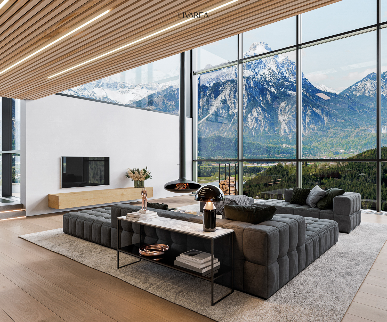 Villa moderna di lusso con divano di design per il soggiorno, divano grande, lavagna, console a muro in legno, divisorio per la stanza
