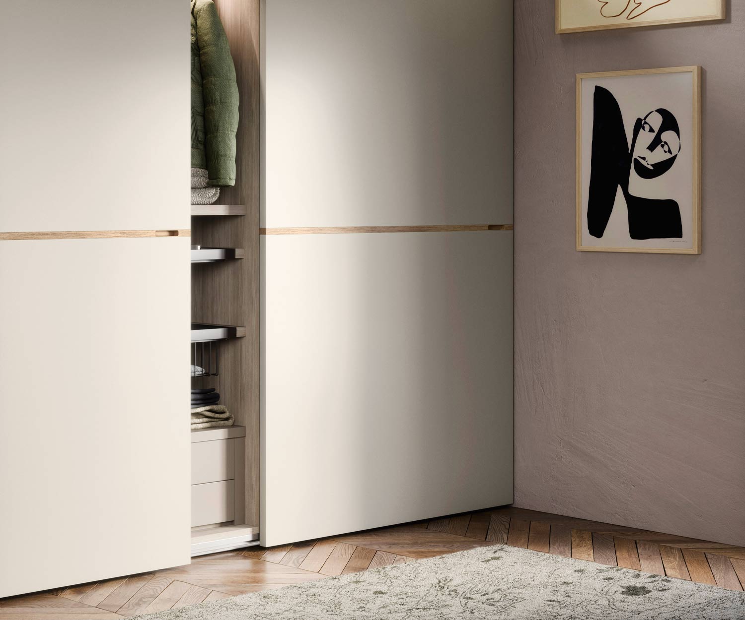 Armadio bianco ad ante scorrevoli Middle con anta aperta Armadio bianco ad ante scorrevoli Middle con anta aperta