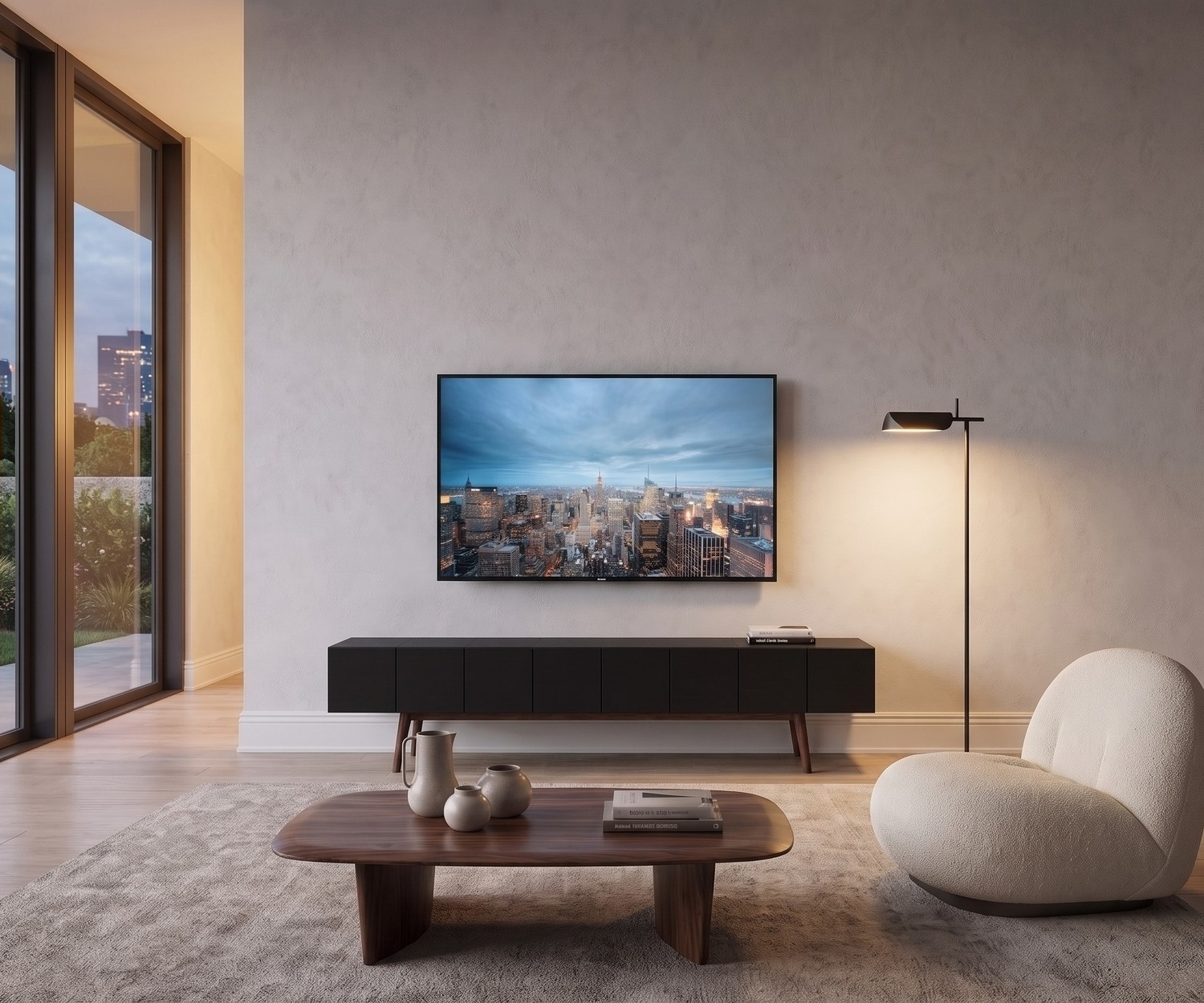 Mobile porta TV di design al2 MOS-I-KO 005 B con piedini in legno Mobile TV basso al2 MOS-I-KO 005 B per soggiorno, corpo nero opaco con piedini in legno, stile rétro moderno.
