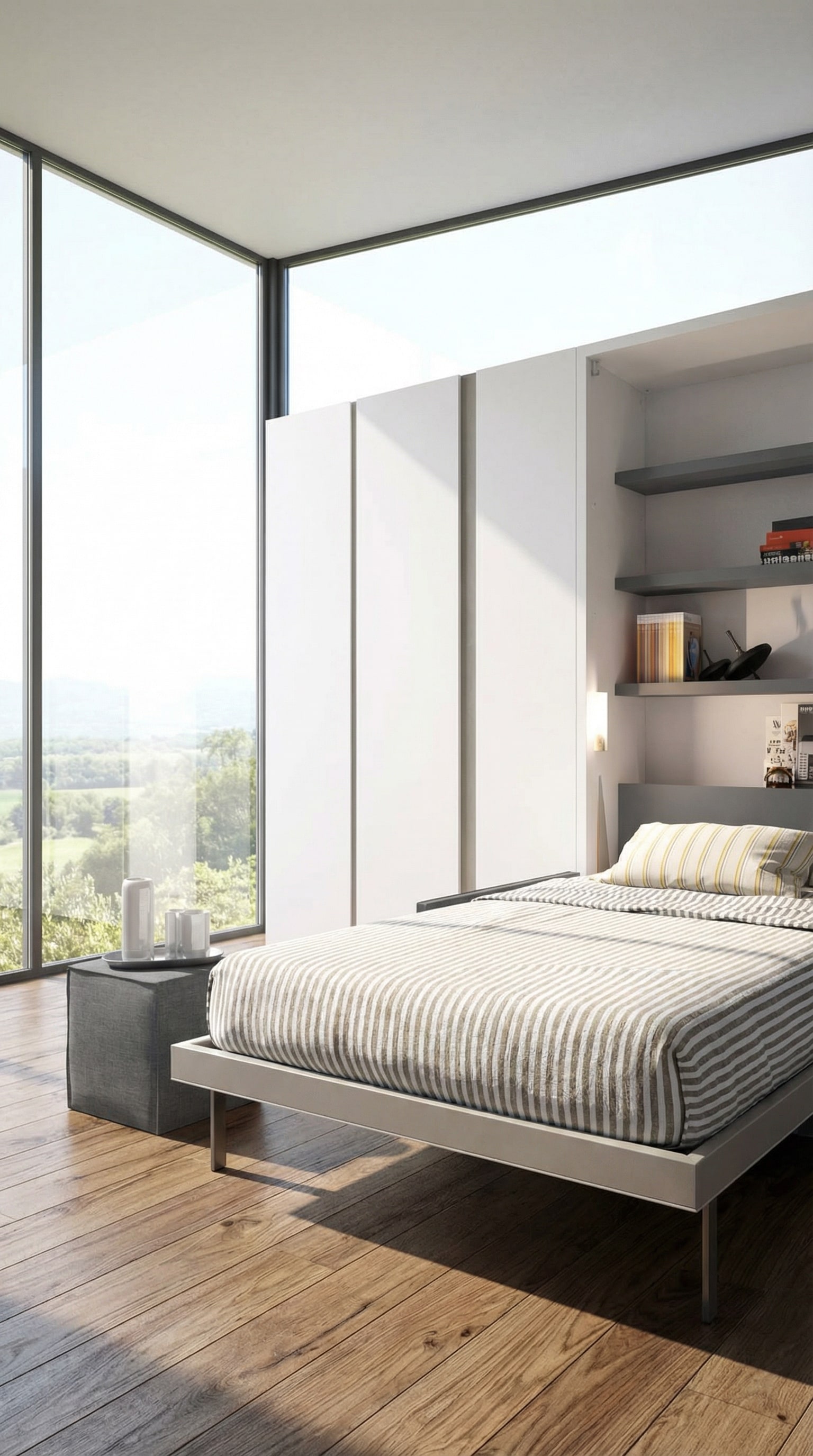 Letto a scomparsa compatto Clei Altea, integrato senza soluzione di continuit&agrave; in una moderna parete attrezzata in una stanza elegante.
