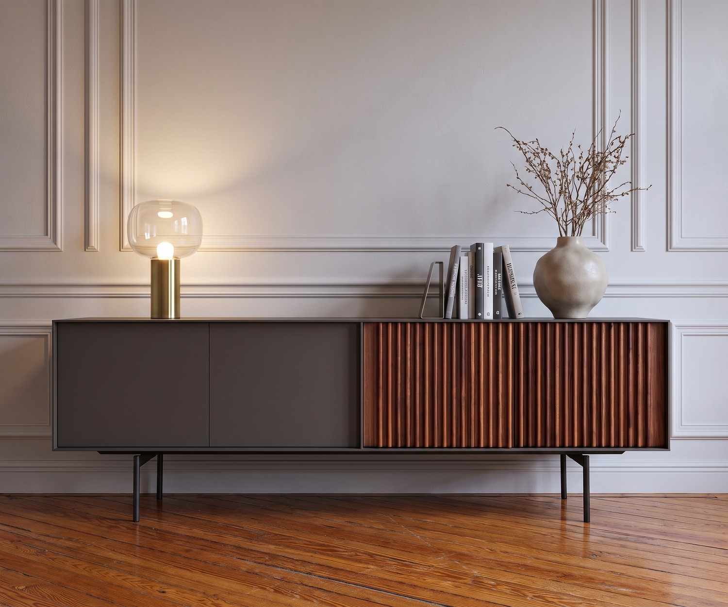 Credenza design noce laccato grigio scuro opaco Ante con tecnologia push-pull Credenza design noce laccato grigio scuro opaco Ante con tecnologia push-pull