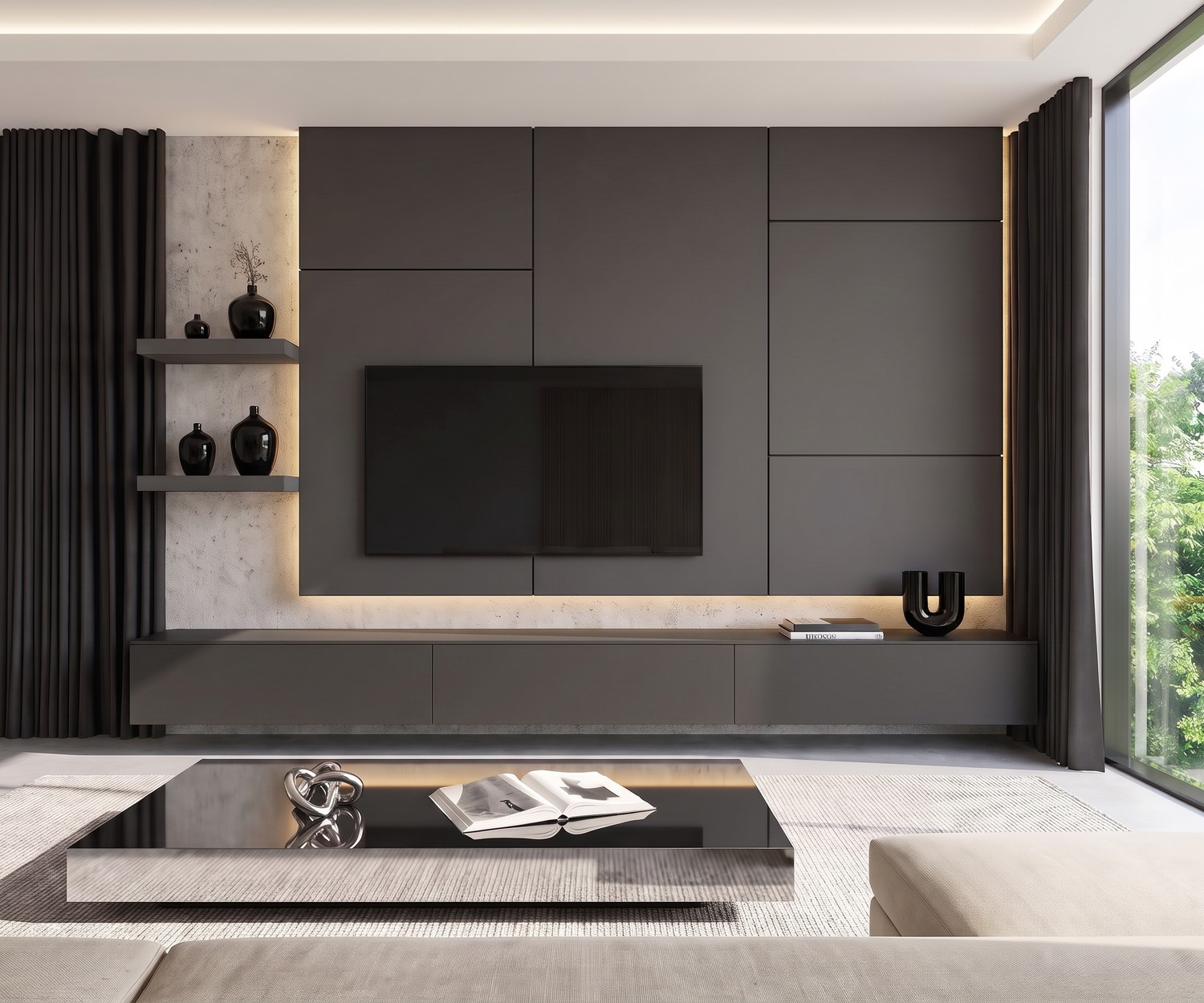 Parete attrezzata TV moderna Livitalia C102 Parete attrezzata TV Livitalia C102 con mobile sospeso e pannello TV. Mobile soggiorno moderno grigio con illuminazione LED.