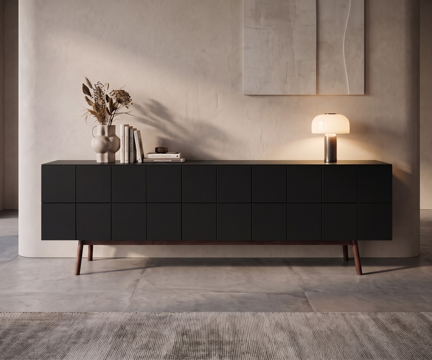 Credenza di design al2 MOS-I-KO 003 B nero opaco Credenza design al2 MOS-I-KO 003 B per il soggiorno, nero opaco con gambe in legno in un ambiente minimalista.