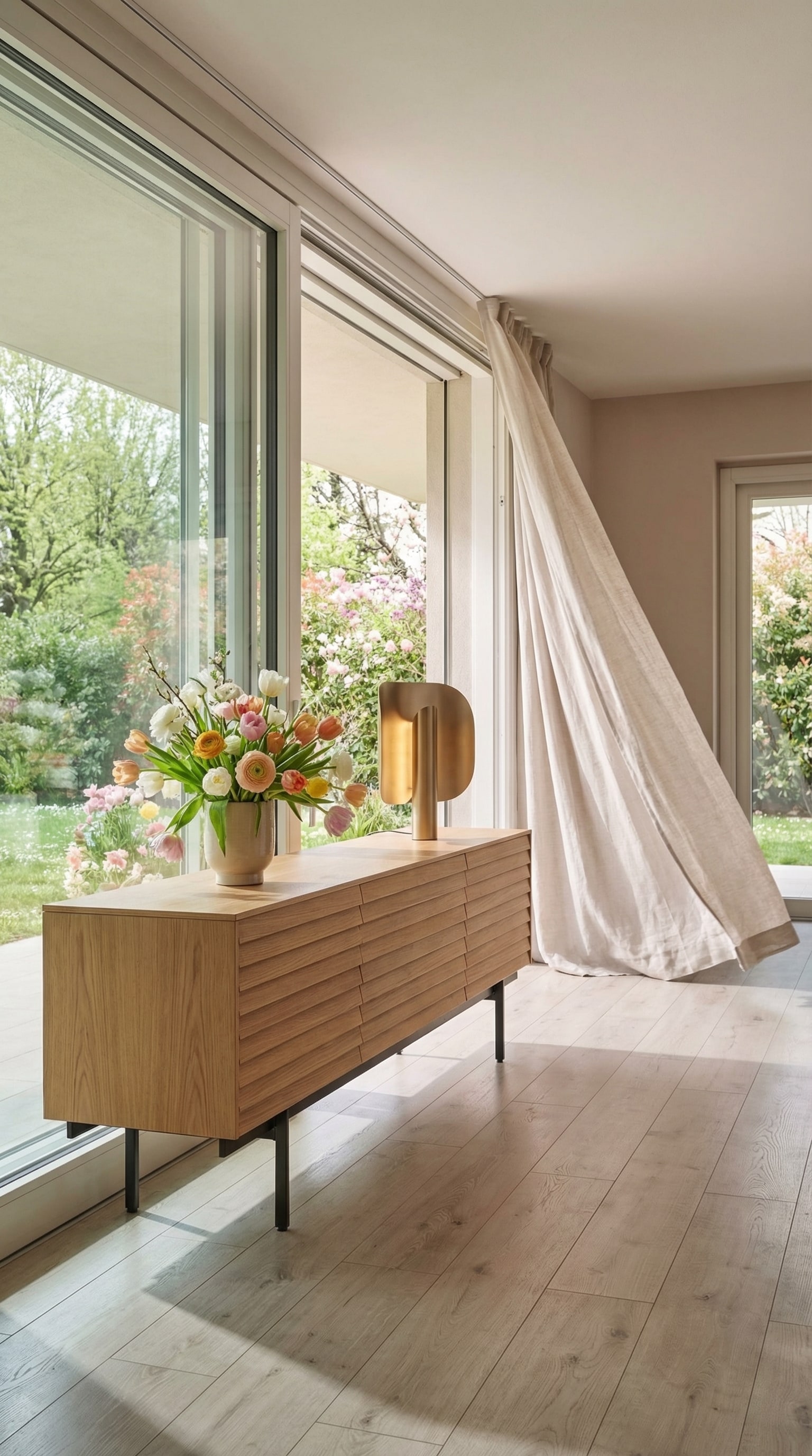 Elegante soggiorno con una credenza a lamelle di legno che risplende alla luce del sole.