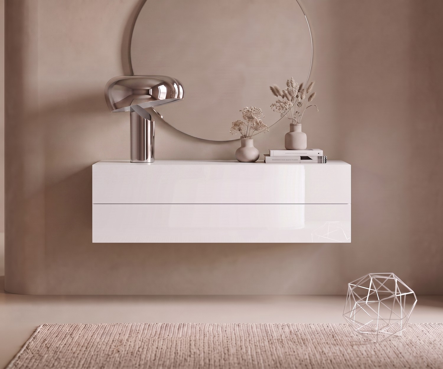 Cassettiera sospesa Novamobili Easy bianca Cassettiera sospesa Easy di Novamobili, comò sospeso bianco in stile minimalista per l'ingresso con specchio rotondo.