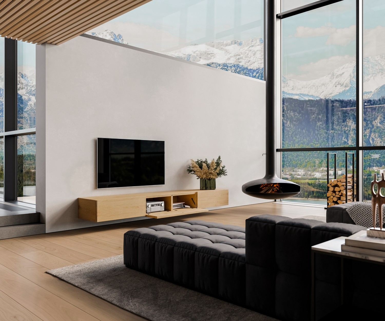 Lavagna TV in legno a parete con porta a battente aperta senza maniglie Lavagna TV in legno a parete con porta a battente aperta senza maniglie