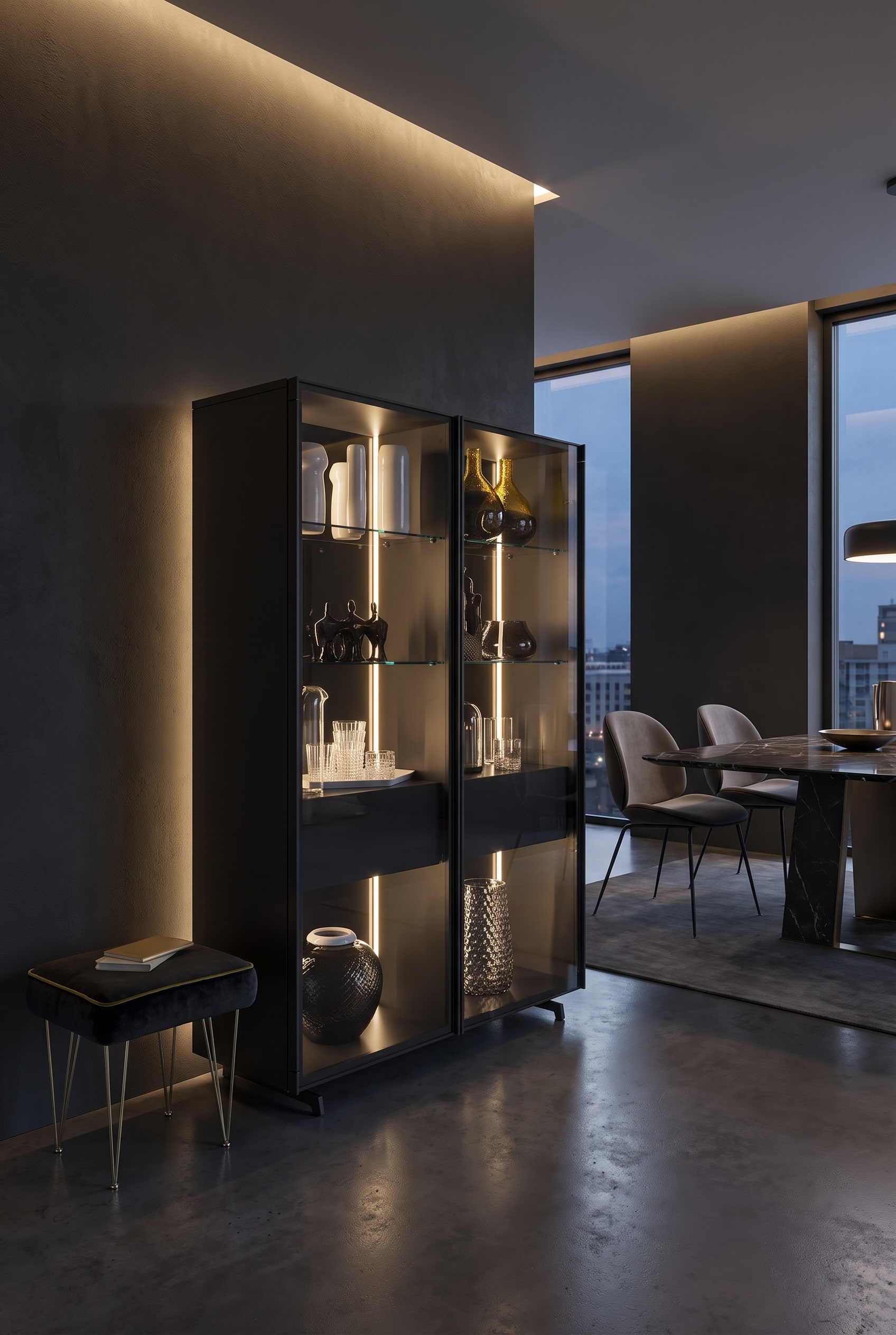 Dunkles modernes Esszimmer mit eleganter Glasvitrine, beleuchteten Fächern, Gläsern und einem Polsterhocker