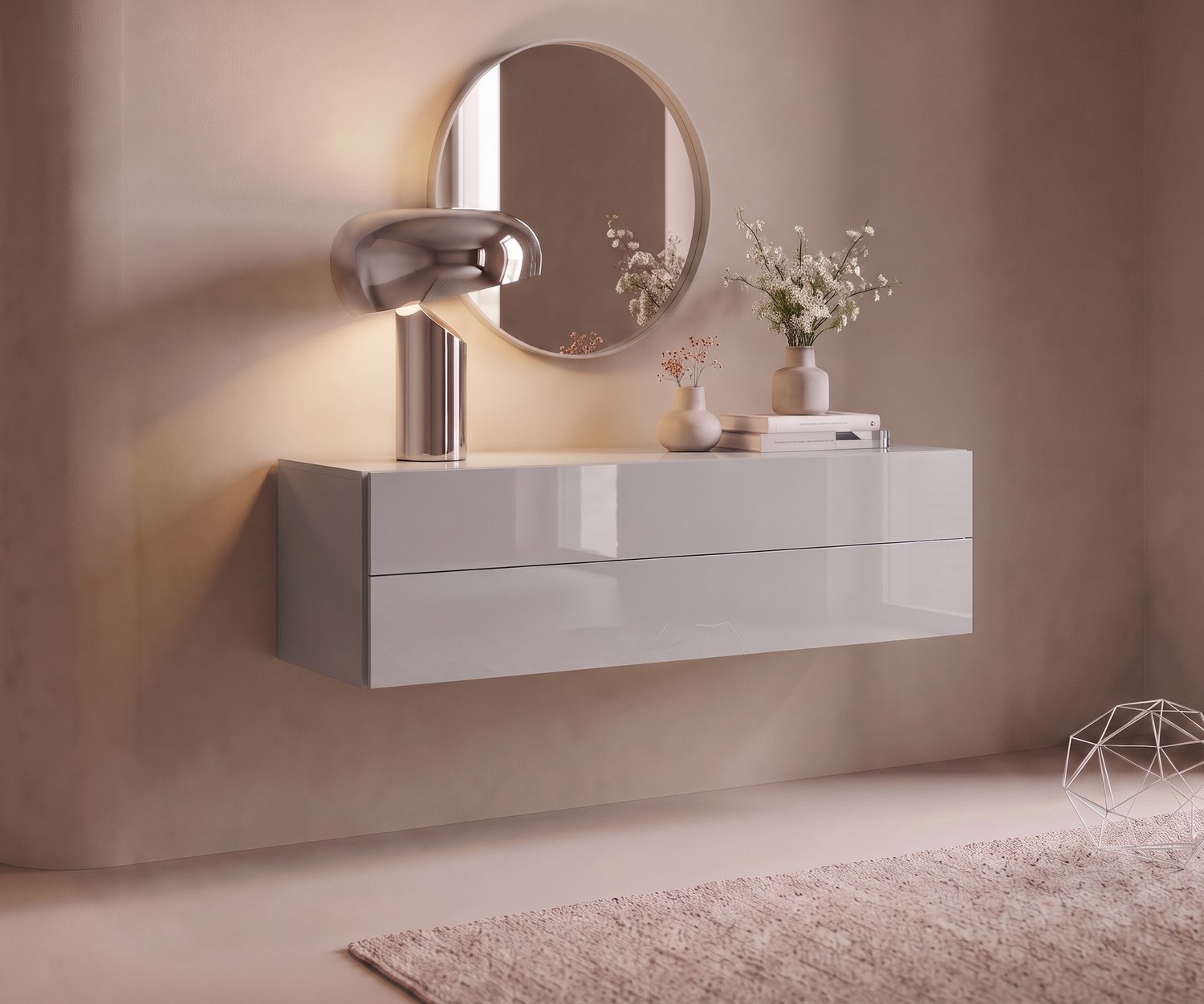 Cassettiera Sospesa Novamobili Easy Grigio Chiaro Cassettiera sospesa Novamobili Easy grigio chiaro per ingresso moderno, design minimalista con specchio rotondo.