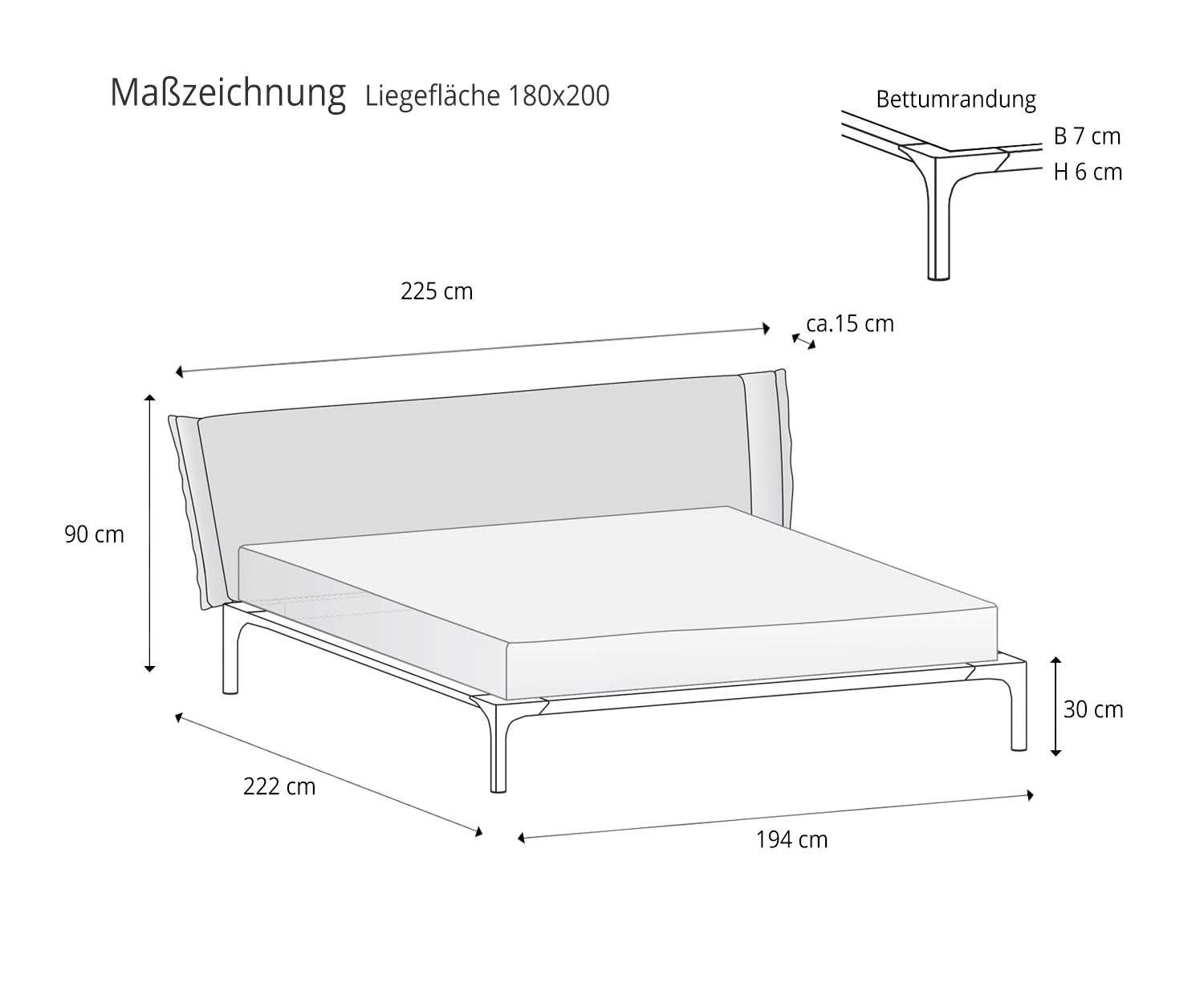 Superficie di sdraio 180x200 Design letto Park da Novamobili Dimensioni schizzo Dimensioni Superficie di sdraio 180x200 Design letto Park da Novamobili Dimensioni schizzo Dimensioni