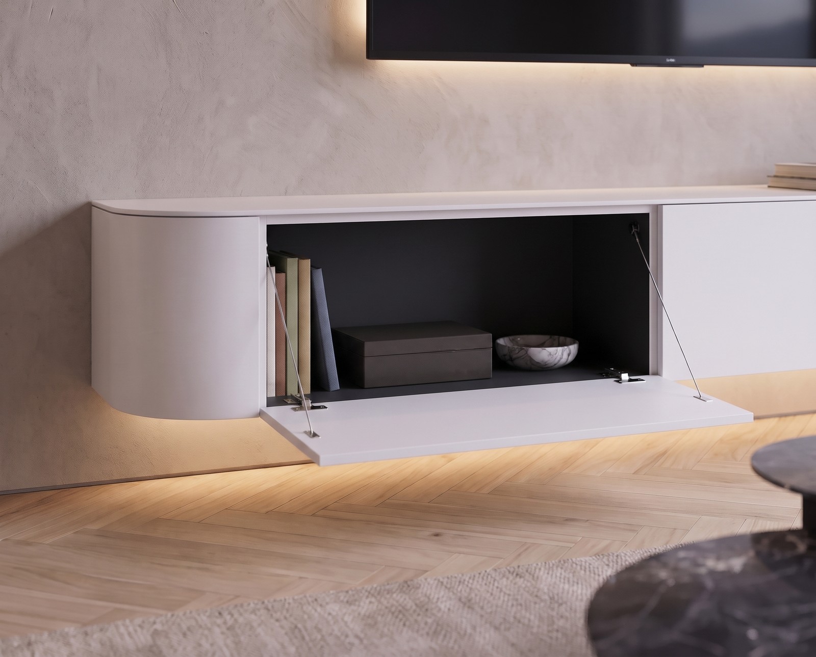 Novamobili Lowboard Tondora in Weiß matt, B 210 cm, hängend im Wohnzimmer, mit Keramik-TV-Paneel Novamobili Lowboard Tondora in Weiß matt, B 210 cm, hängend im Wohnzimmer, mit Keramik-TV-Paneel