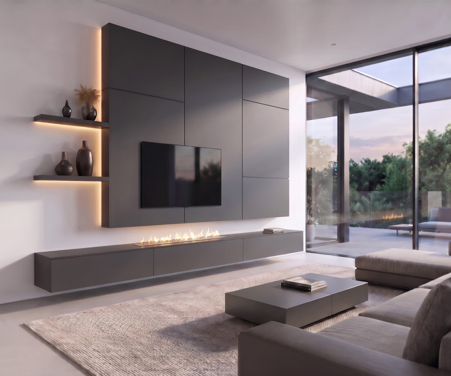 Parete attrezzata TV Livitalia C102 con camino: Mobile sospeso grigio antracite e mensole a LED per soggiorno moderno.