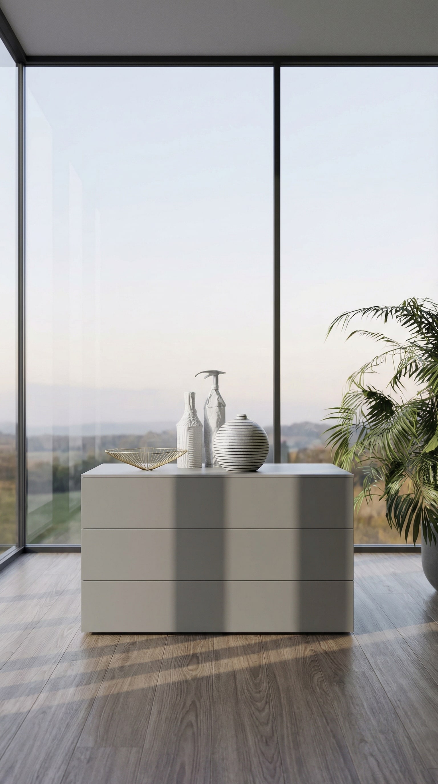 Comò ultramoderno con cassetti laccati opachi e una superficie vellutata e resistente ai graffi Comò ultramoderno con cassetti laccati opachi e una superficie vellutata e resistente ai graffi