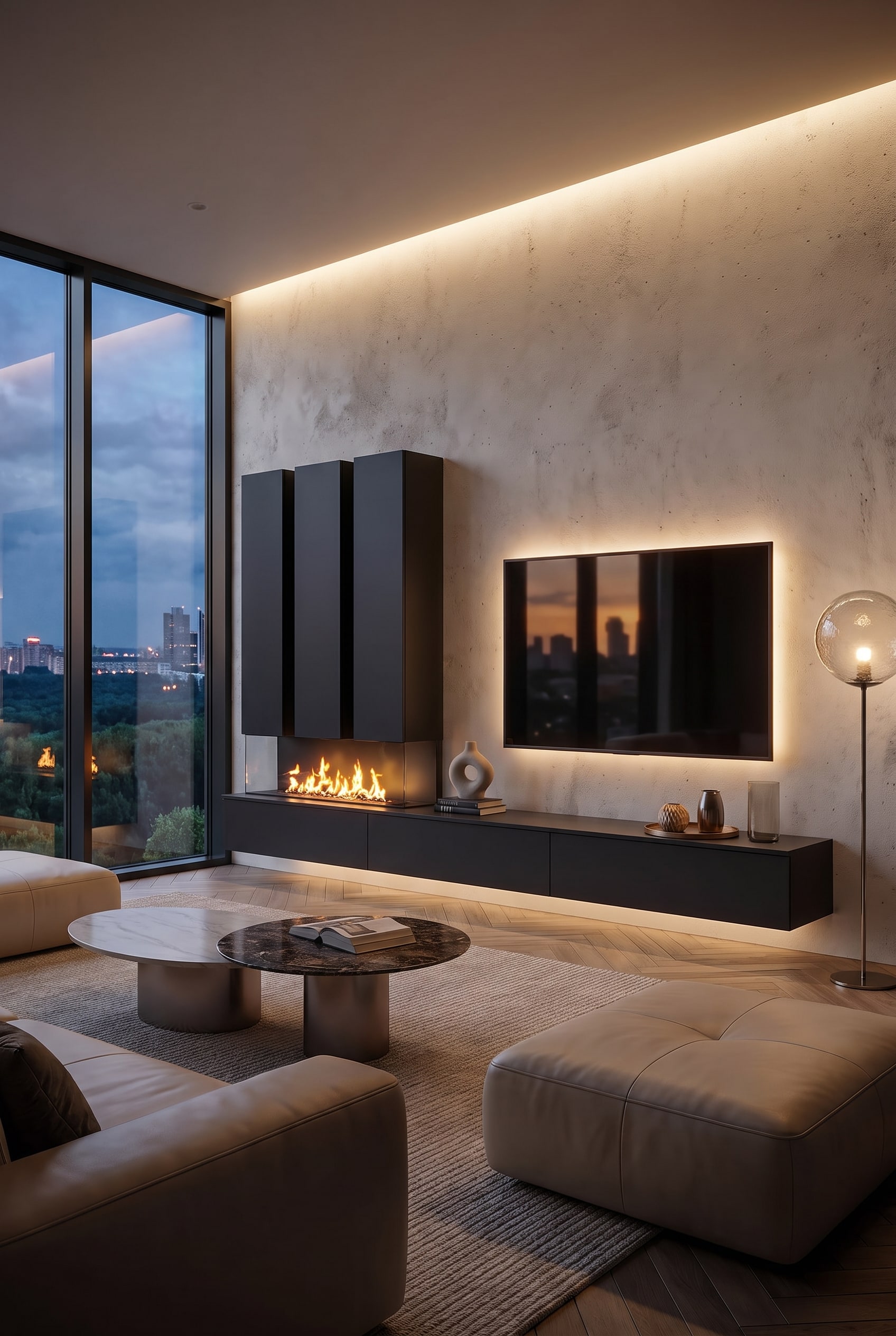 Wohnzimmer Luxus Wohnwand mit Kamin in mattem Schwarz Wohnzimmer Luxus Wohnwand mit Kamin in mattem Schwarz