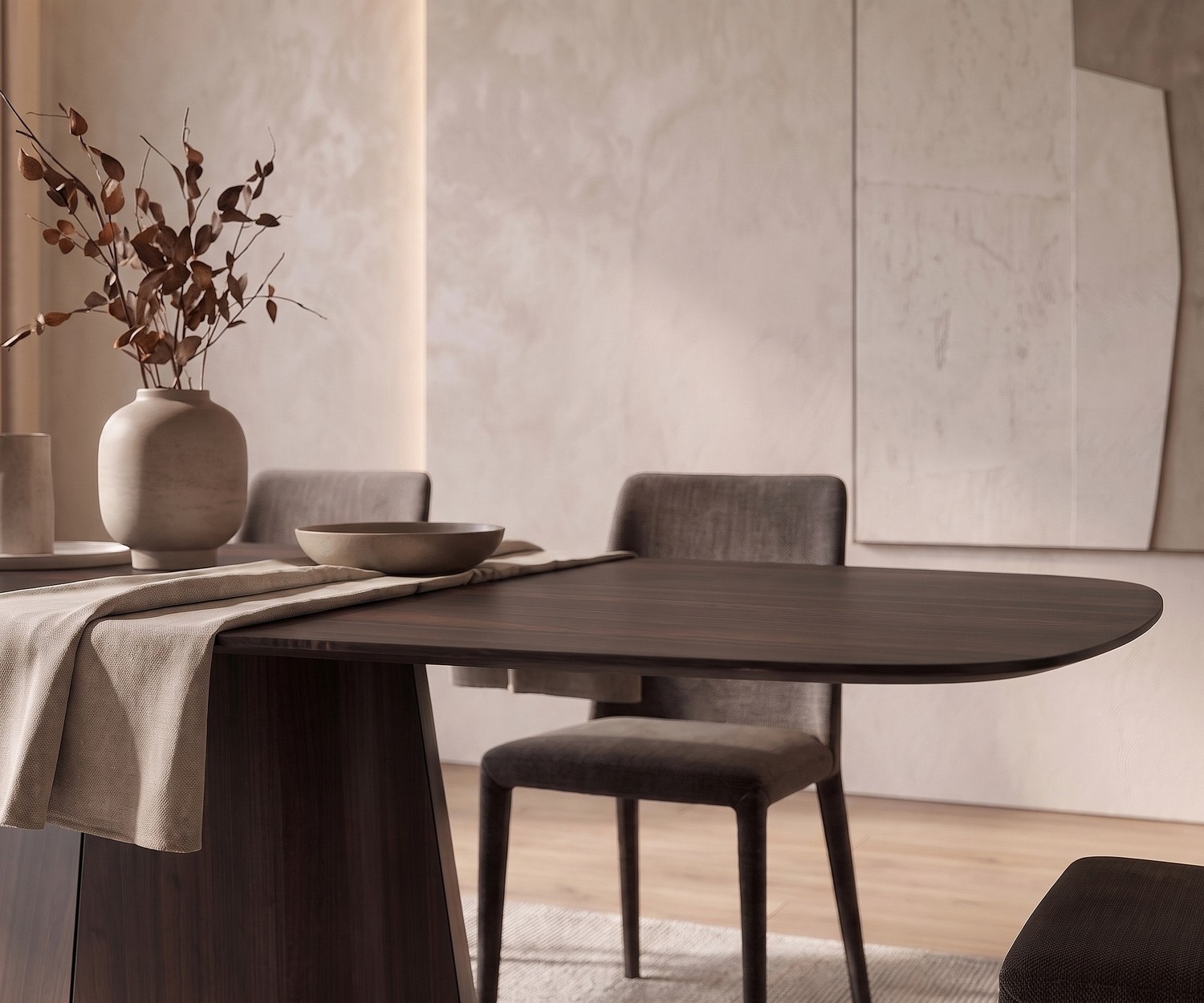 Tavolo da pranzo al2 tessera 001 per sala da pranzo in legno scuro, tavolo ovale di design in stile minimalista caldo.
