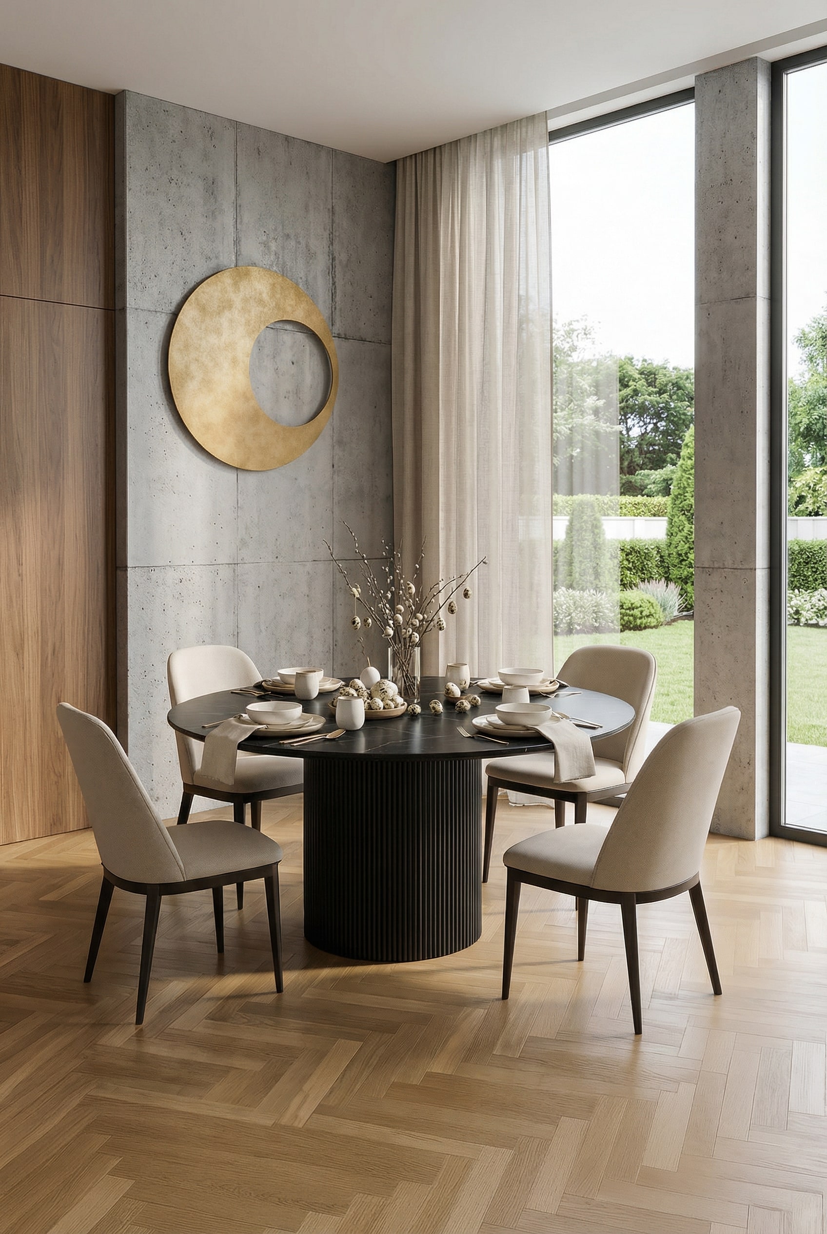 al2 dakry br 001 tavolo da pranzo rotondo con bordi morbidi, organici e sedie eleganti