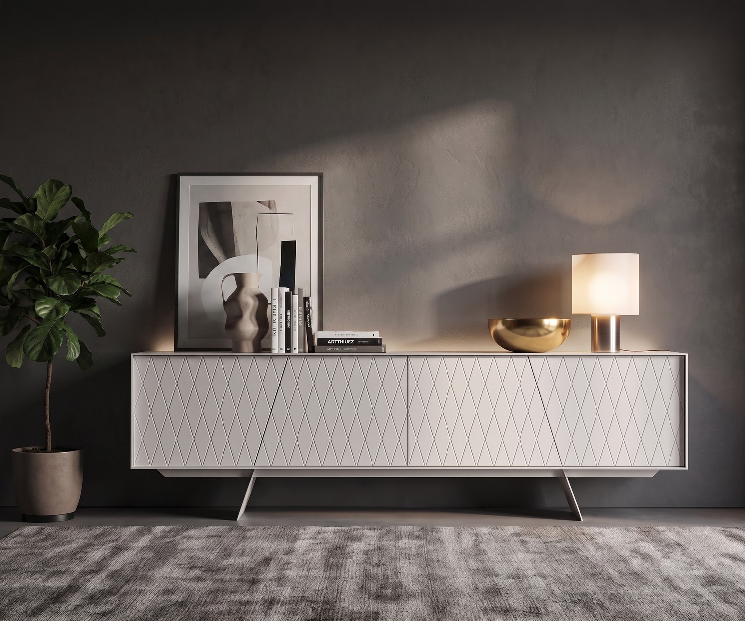 Madia di design bianca al2 e-klipse 003 Credenza al2 e-klipse 003 con motivo a rombi in un soggiorno moderno, madia di design bianca con piedini.
