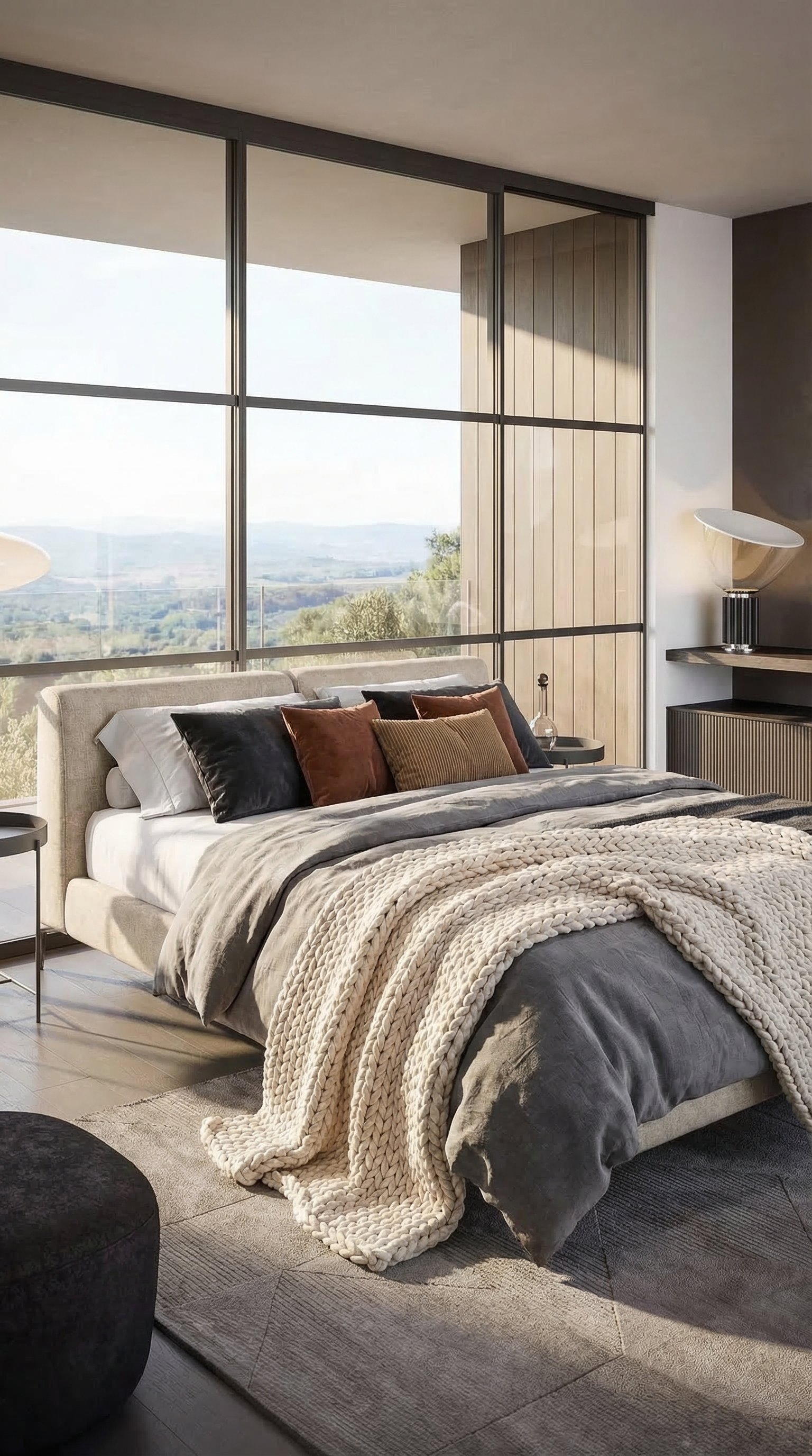 Gemütliches, üppig geschichtetes Bett mit Samtkissen und Strickdecke Letto accogliente e riccamente stratificato con cuscini in velluto e coperta a maglia