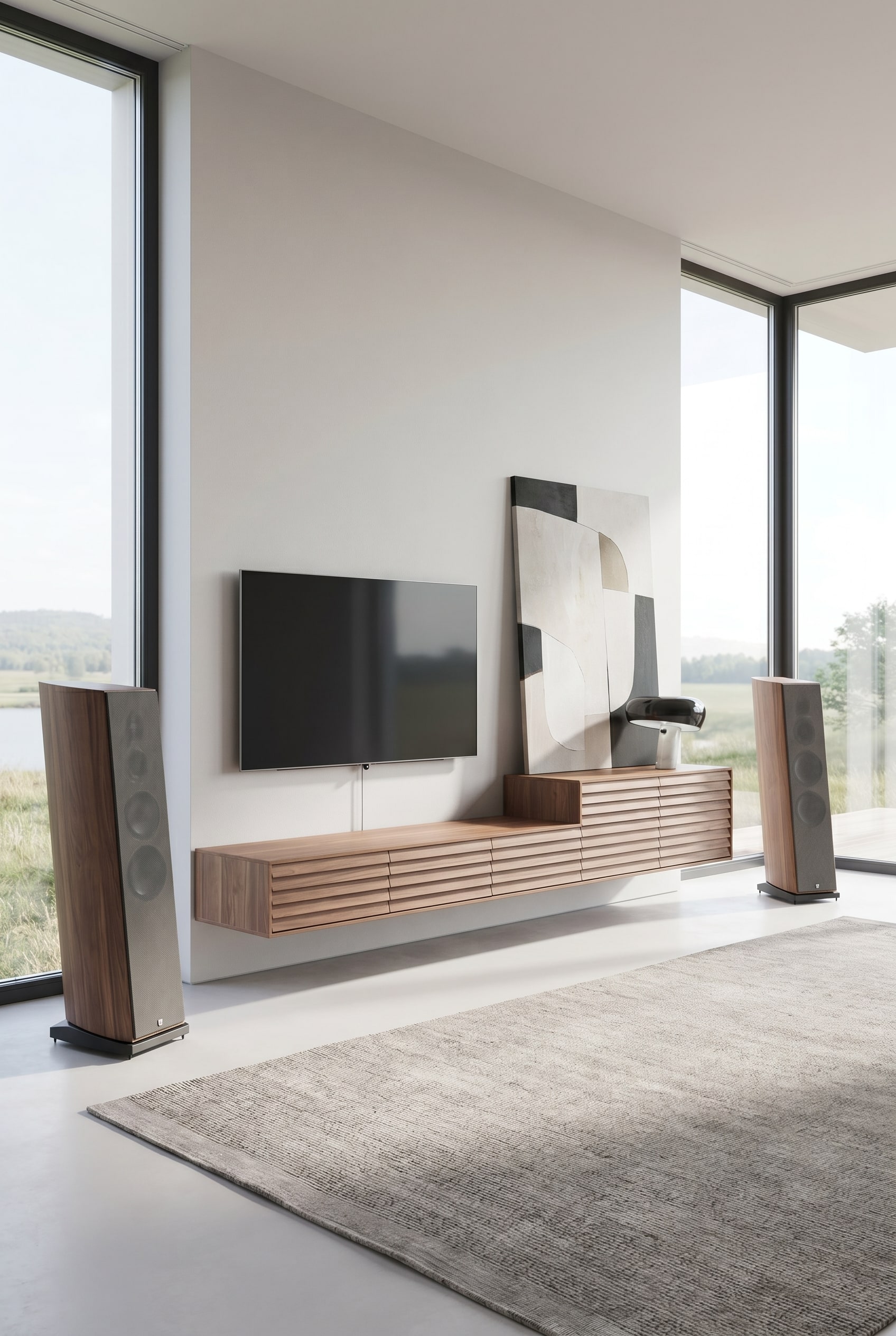 Stilvolle TV Wand mit asymmetrischem Nussbaum-Sideboard mit Lamellenfront und leicht eingewinkelten Lautsprechern